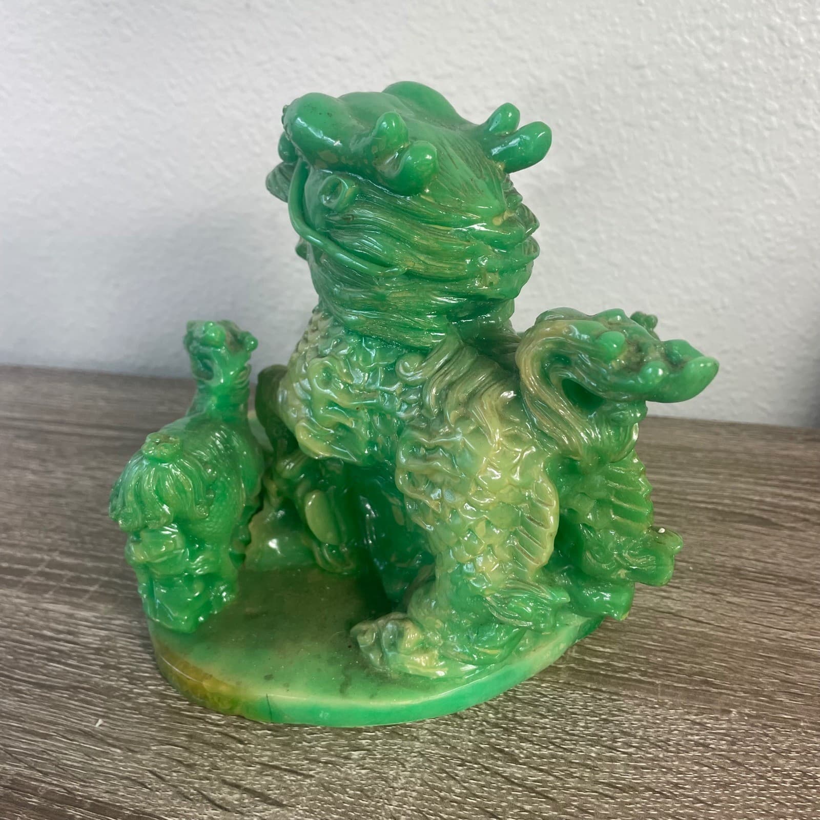 Vintage Faux Jade Resin Chinese Dragon Prosperity Statue Feng Shui Wealth Ingot - Thumbnail 6