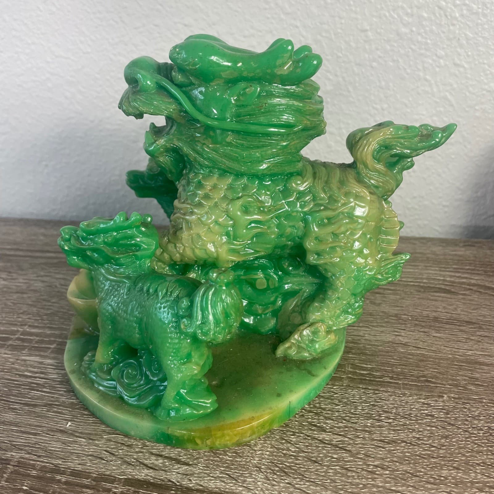 Vintage Faux Jade Resin Chinese Dragon Prosperity Statue Feng Shui Wealth Ingot - Thumbnail 5