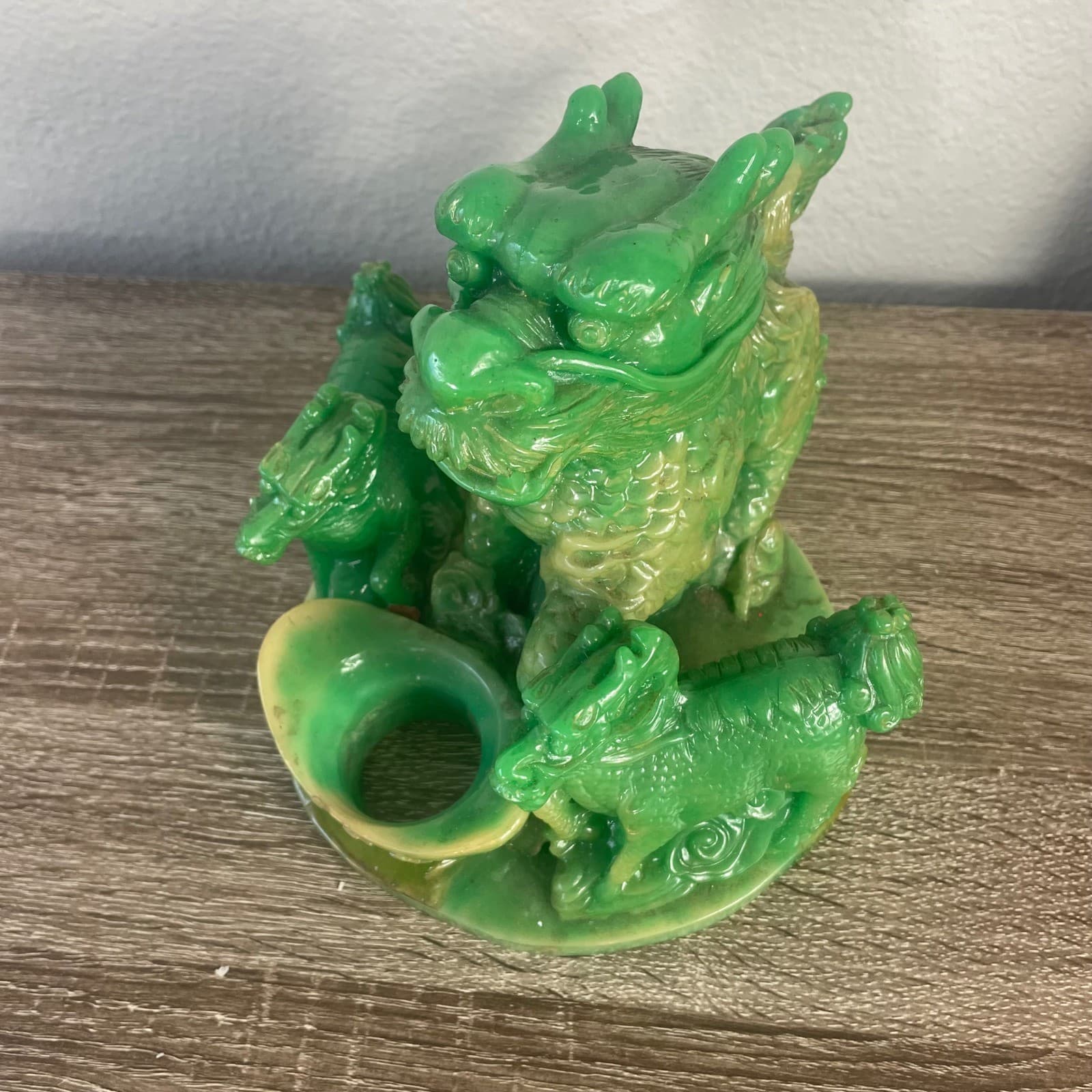 Vintage Faux Jade Resin Chinese Dragon Prosperity Statue Feng Shui Wealth Ingot - Thumbnail 4