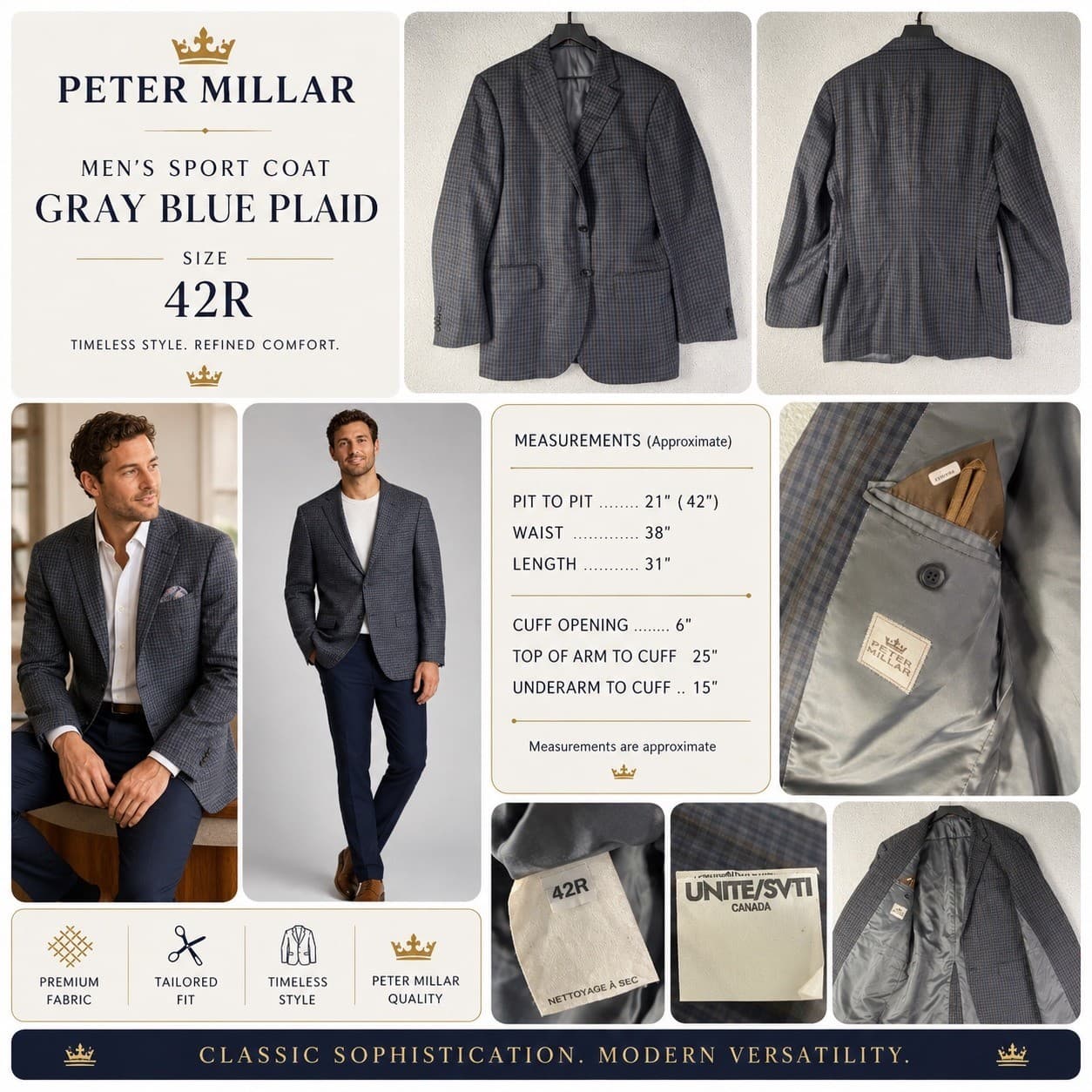 Peter Millar Sport Coat Mens 42R Gray Blue Plaid Wool Blazer Canada Two Button - Thumbnail 2
