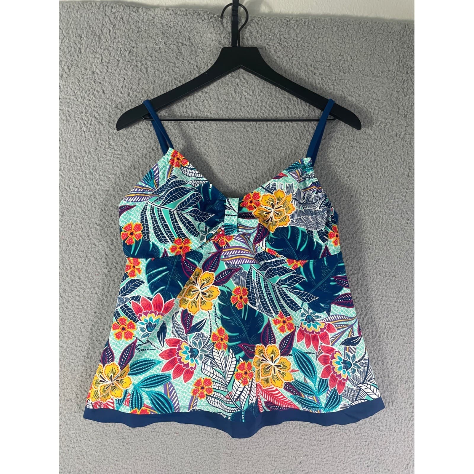 Caribbean Joe Tankini Top Womens 14 Tropical Floral V Neck Ruched Swim - Thumbnail 5
