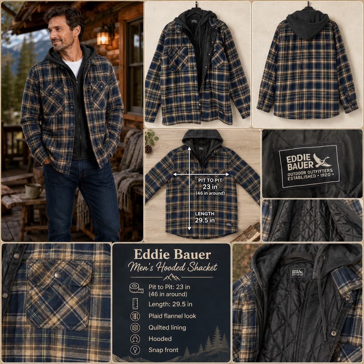 Eddie Bauer Mens Hooded Shacket Navy Soloman Plaid Quilted Lined Flannel Jacket - Thumbnail 2
