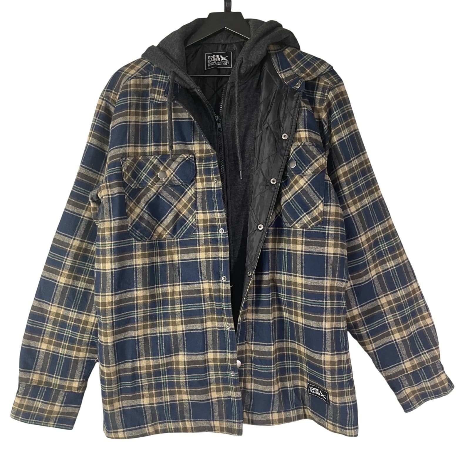 Eddie Bauer Mens Hooded Shacket Navy Soloman Plaid Quilted Lined Flannel Jacket - Thumbnail 3
