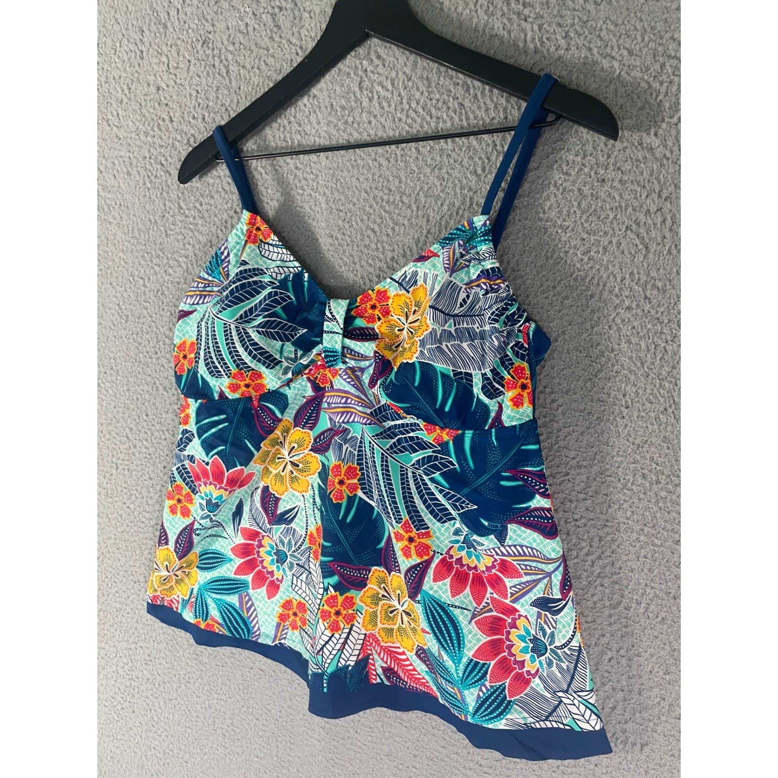 Caribbean Joe Tankini Top Womens 14 Tropical Floral V Neck Ruched Swim - Thumbnail 6