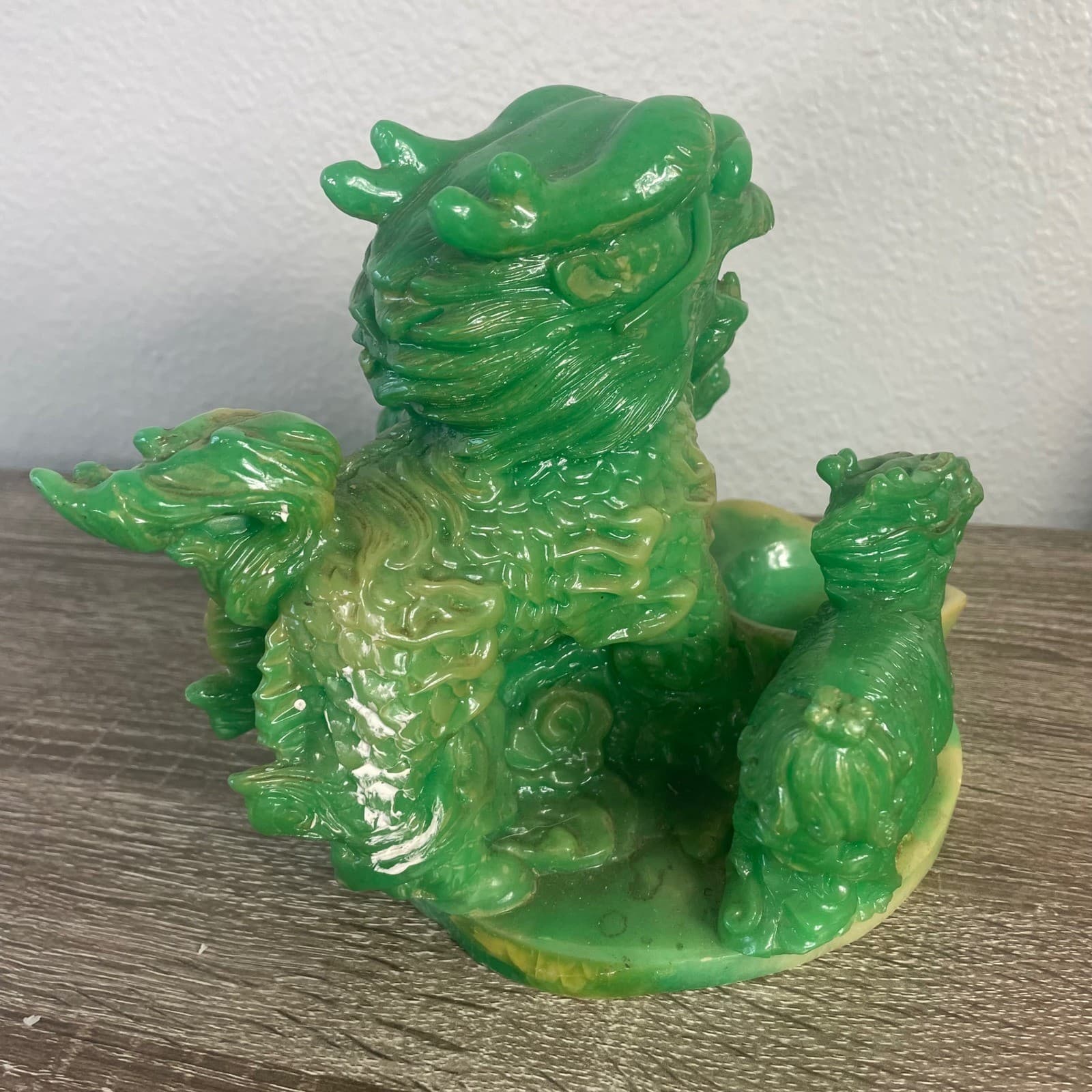 Vintage Faux Jade Resin Chinese Dragon Prosperity Statue Feng Shui Wealth Ingot - Thumbnail 8