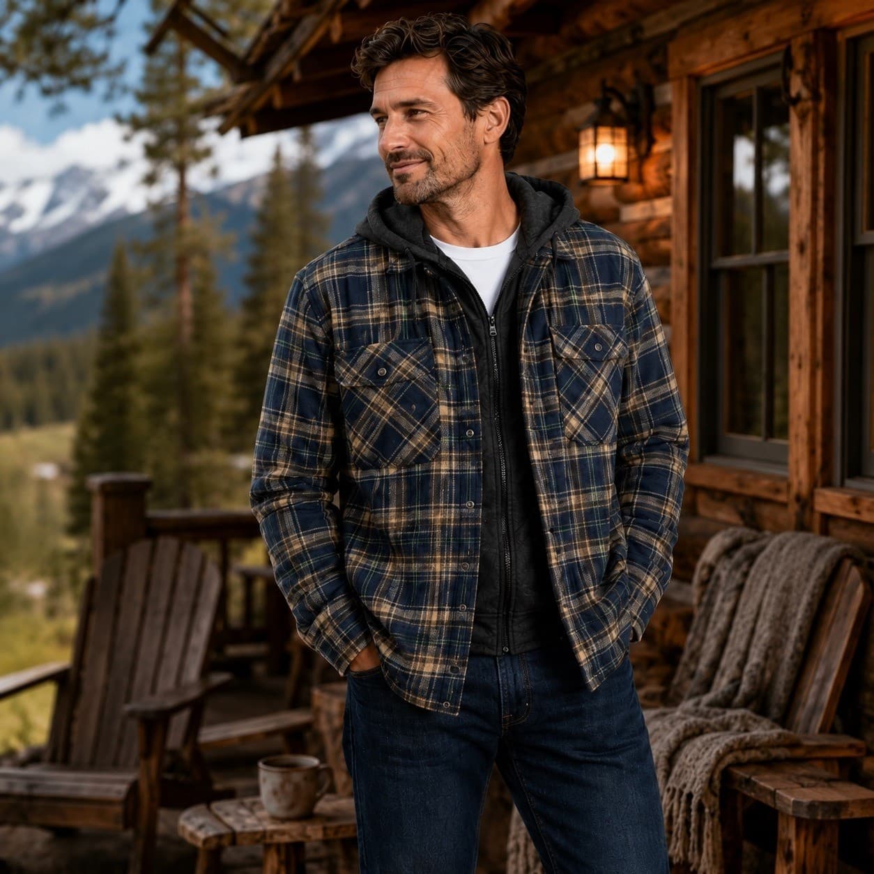 Eddie Bauer Mens Hooded Shacket Navy Soloman Plaid Quilted Lined Flannel Jacket - Thumbnail 13
