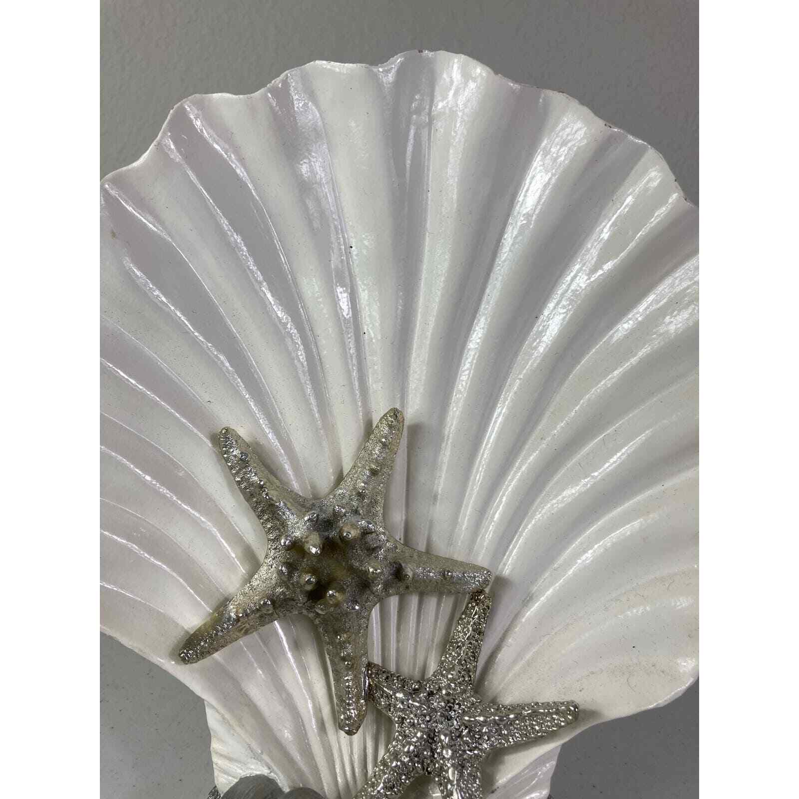 Seashell Art Display Shelf 10" Ceramic White Silver Starfish Embellished Ocean - Thumbnail 5