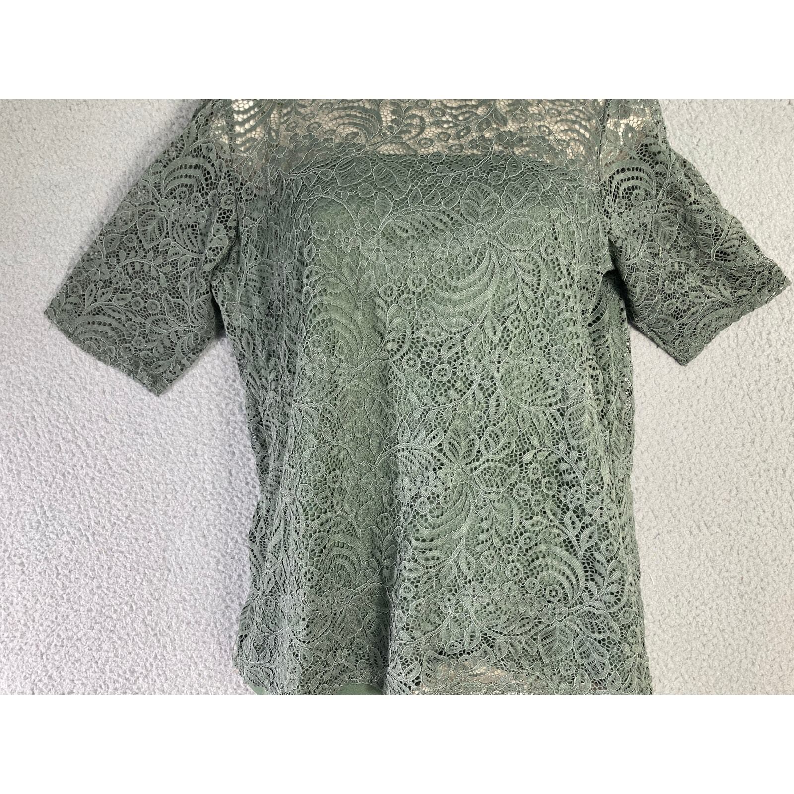 Women's M Green Lace Mock Neck Short Sleeve Shirt Tee - Thumbnail 5
