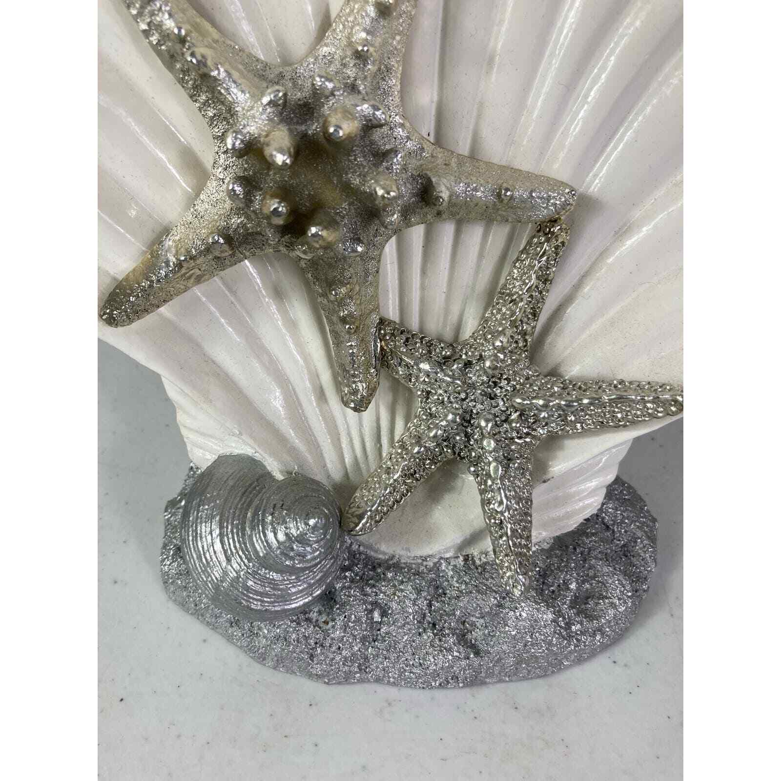 Seashell Art Display Shelf 10" Ceramic White Silver Starfish Embellished Ocean - Thumbnail 3