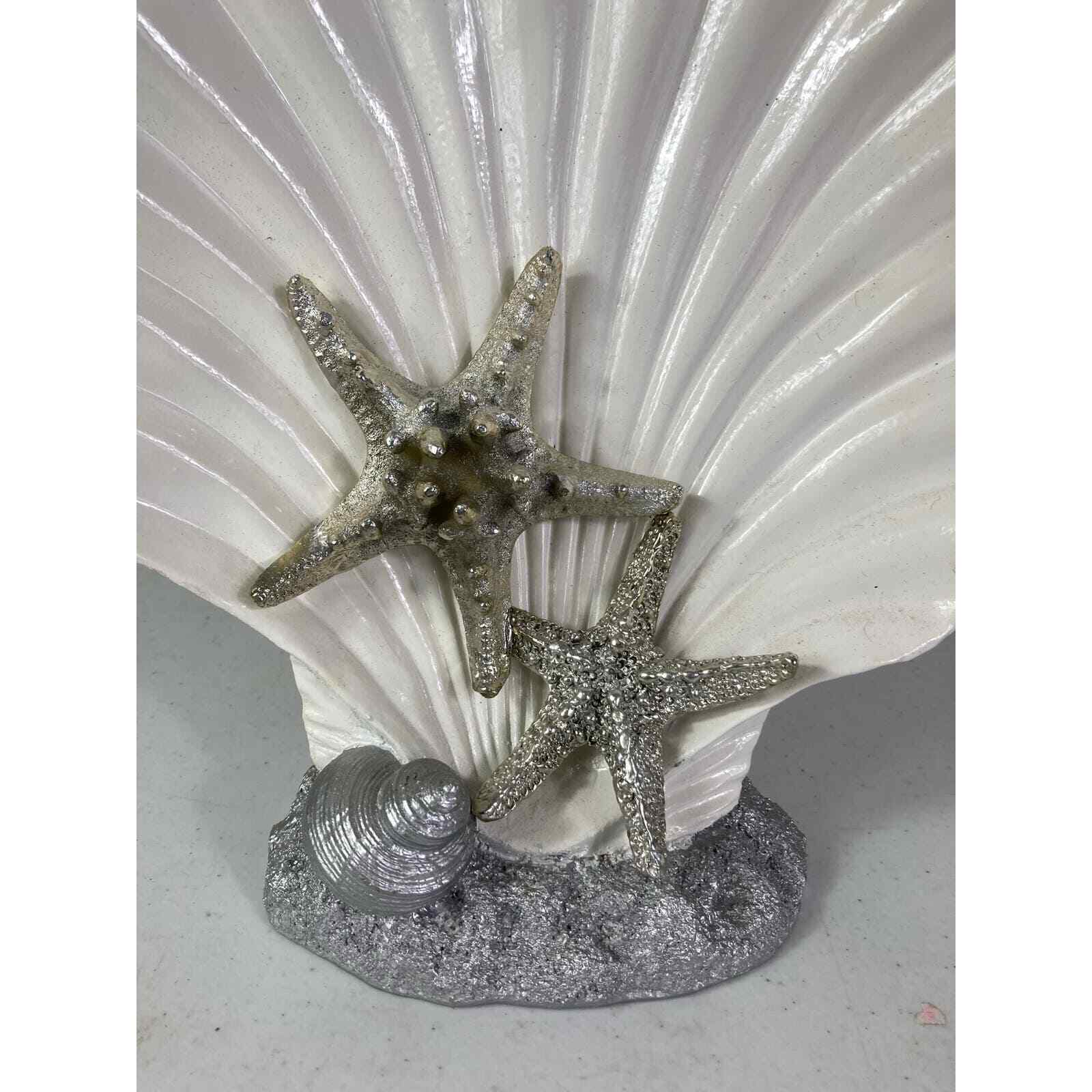 Seashell Art Display Shelf 10" Ceramic White Silver Starfish Embellished Ocean - Thumbnail 4