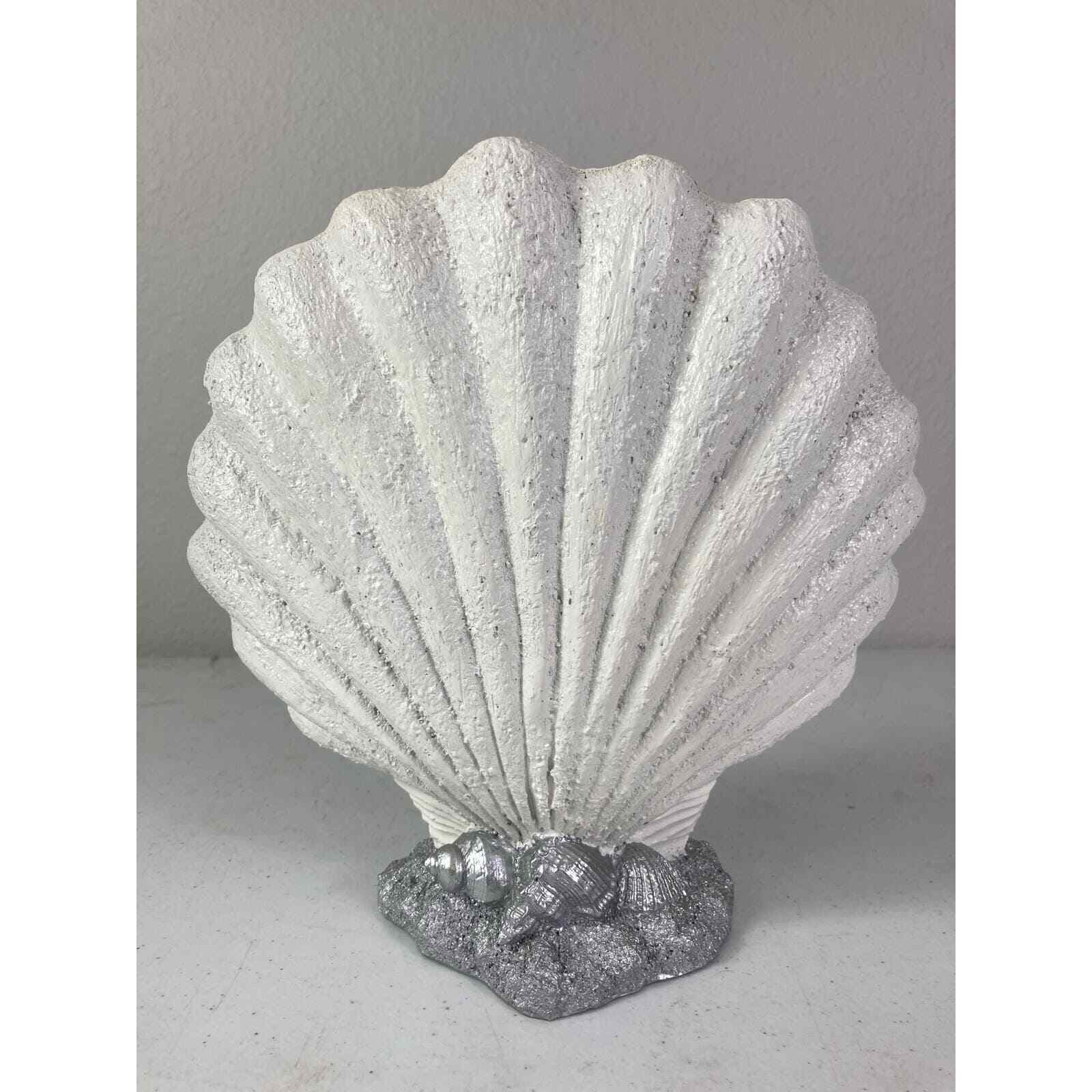 Seashell Art Display Shelf 10" Ceramic White Silver Starfish Embellished Ocean - Thumbnail 6