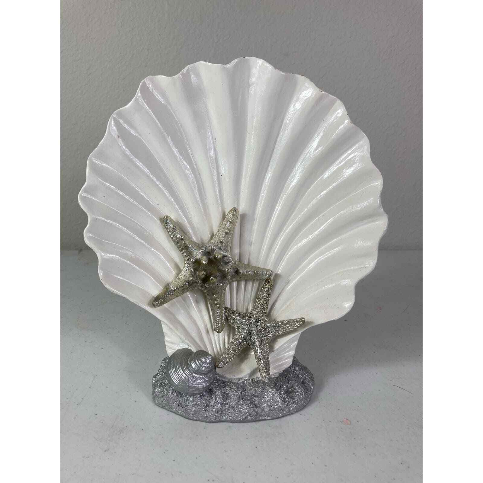 Seashell Art Display Shelf 10" Ceramic White Silver Starfish Embellished Ocean - Thumbnail 2