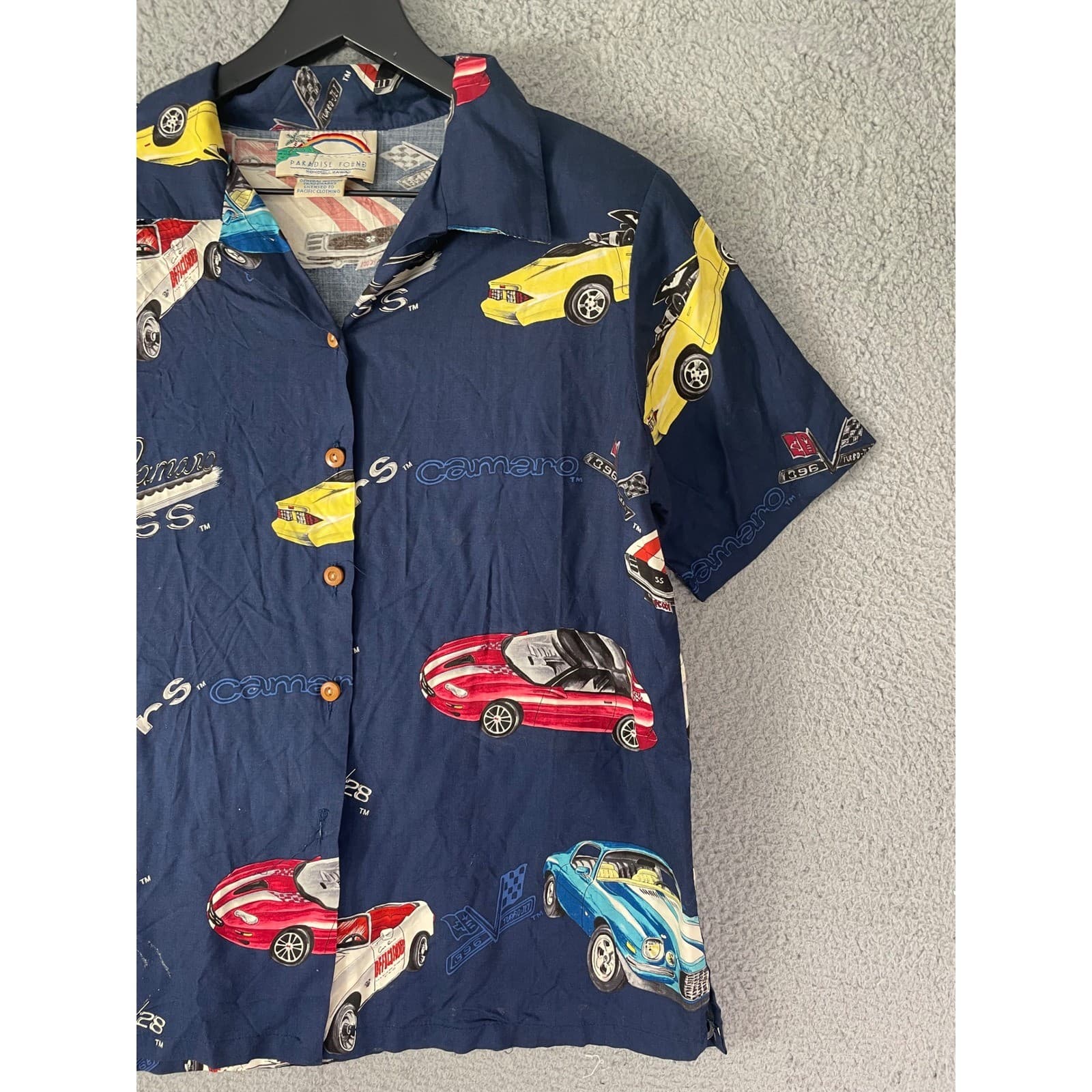 Paradise Found Mens Camaro SS Hawaiian Shirt Blue Short Sleeve Size M Vinage - Thumbnail 7