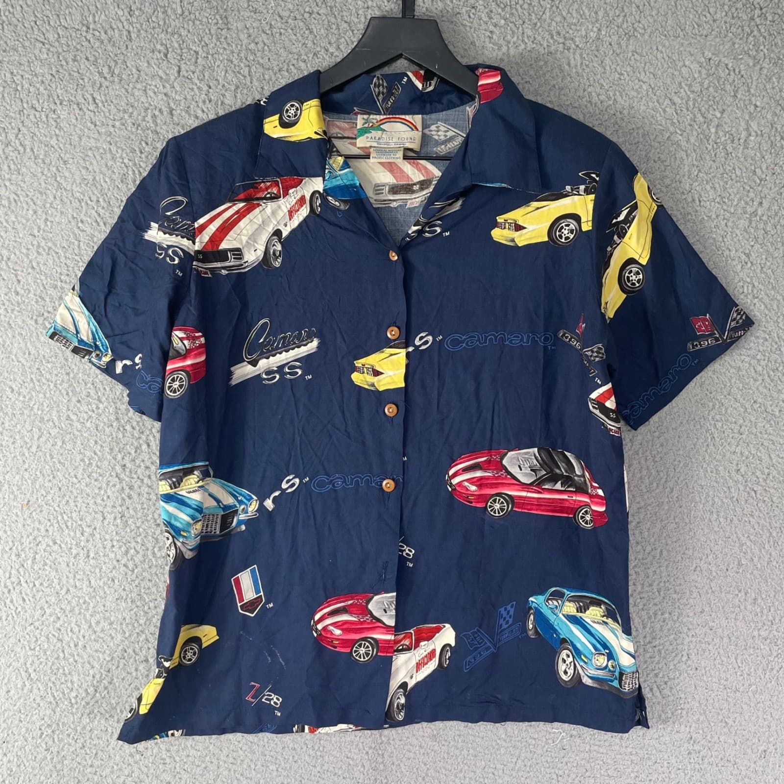 Paradise Found Mens Camaro SS Hawaiian Shirt Blue Short Sleeve Size M Vinage - Thumbnail 5
