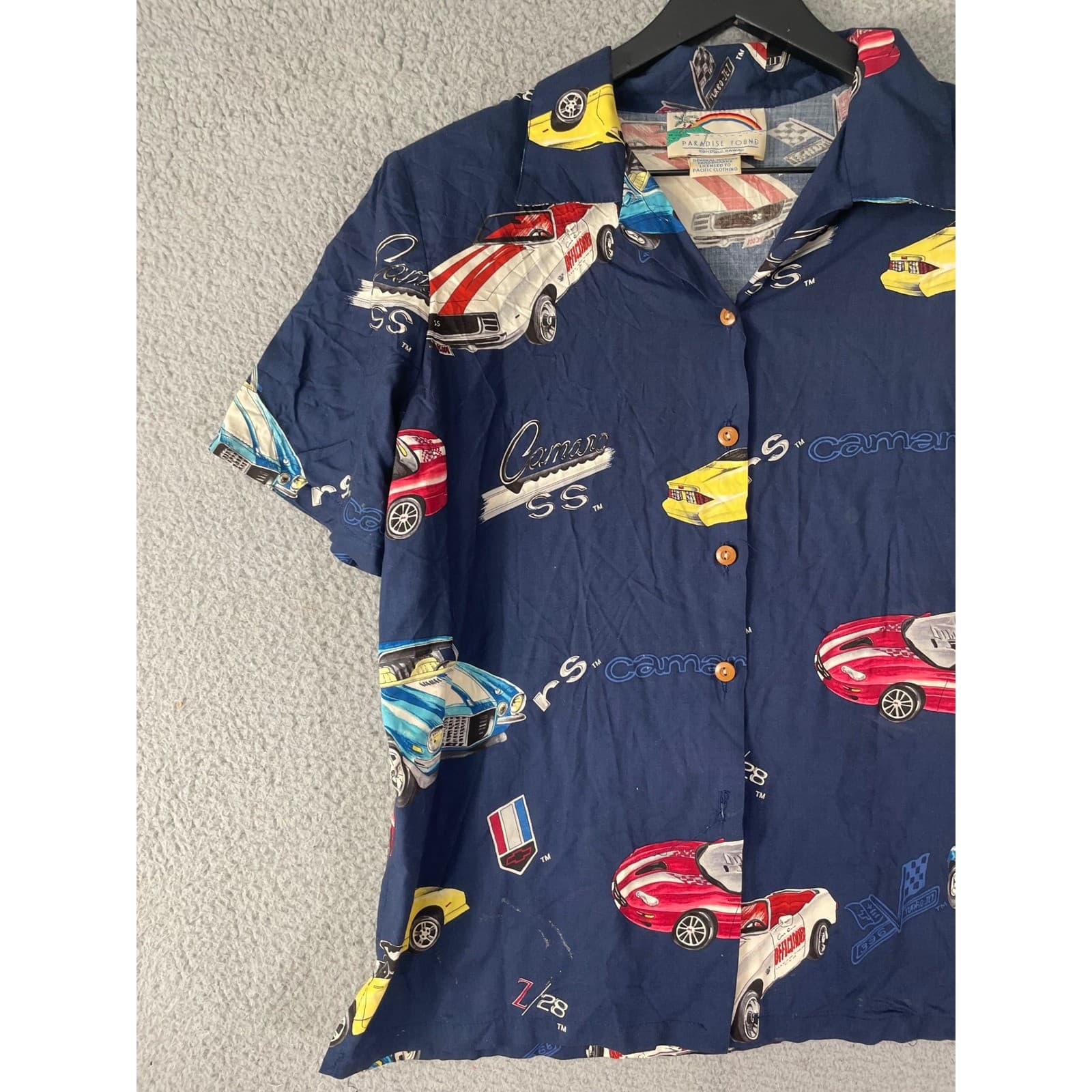 Paradise Found Mens Camaro SS Hawaiian Shirt Blue Short Sleeve Size M Vinage - Thumbnail 8