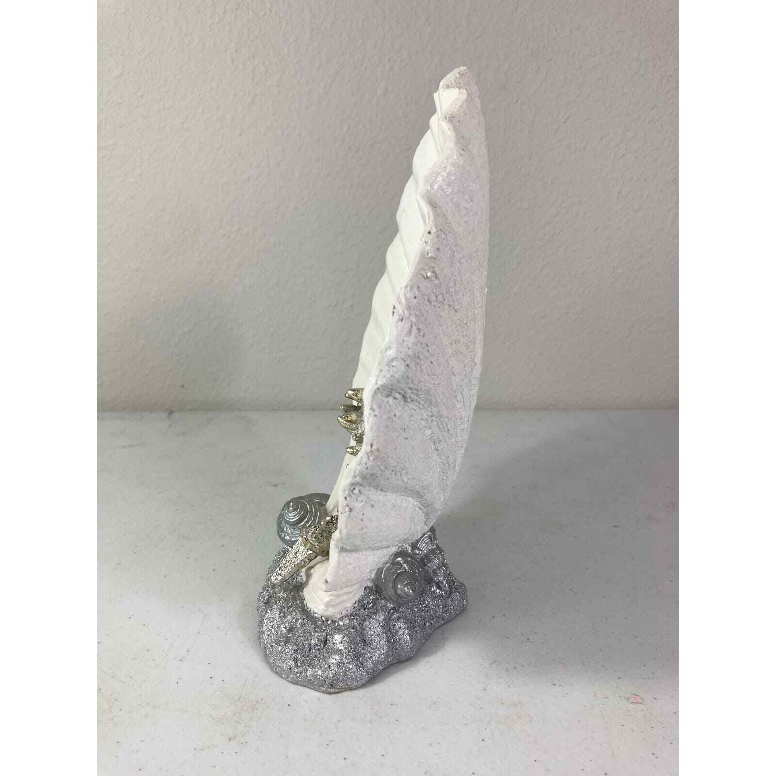 Seashell Art Display Shelf 10" Ceramic White Silver Starfish Embellished Ocean - Thumbnail 7