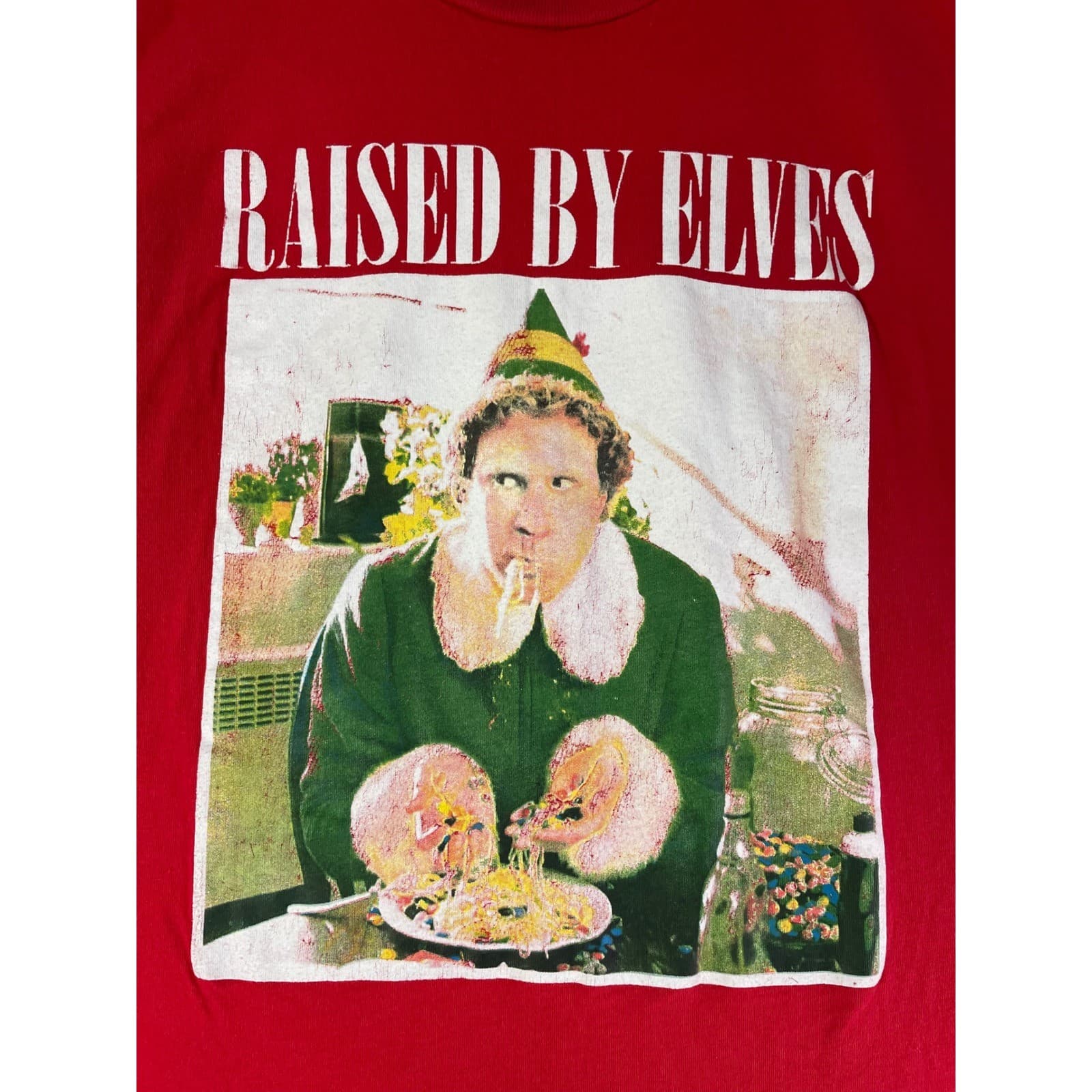 Elf Movie Mens L Raised By Elves Red T Shirt Buddy Holiday Christmas - Thumbnail 6