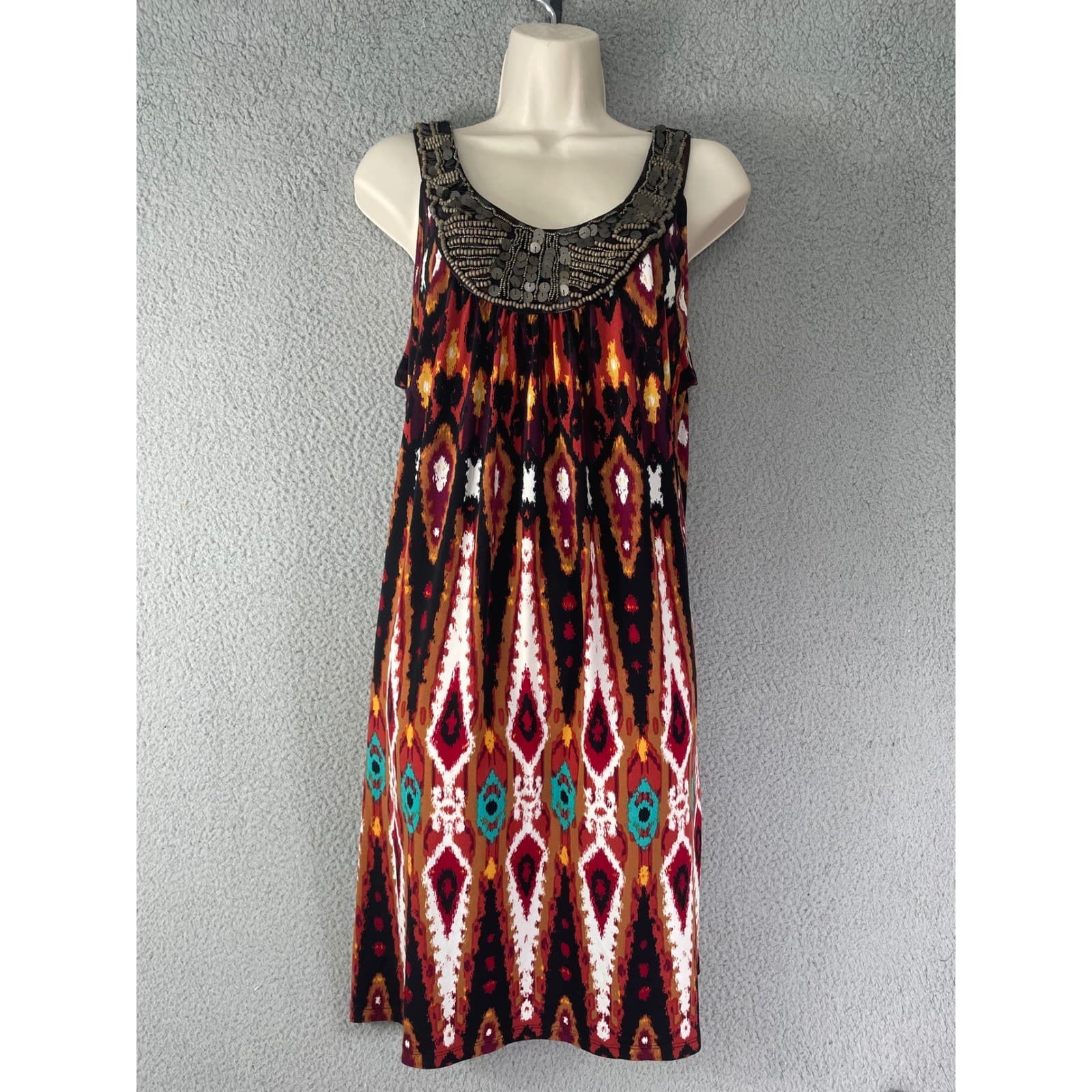 APT.9 Embellished Boho Sleeveless Ikat Dress Women's Large Beaded Neckline - Thumbnail 5