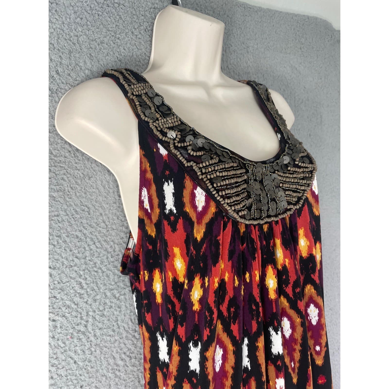 APT.9 Embellished Boho Sleeveless Ikat Dress Women's Large Beaded Neckline - Thumbnail 8