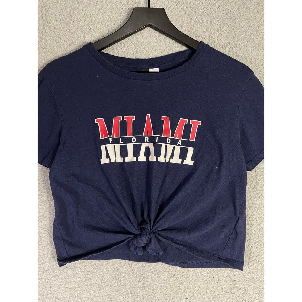 Divided by H&M Miami Florida Navy Graphic Knot Crop Tee Women's M Y2K Streetwear - Thumbnail 4