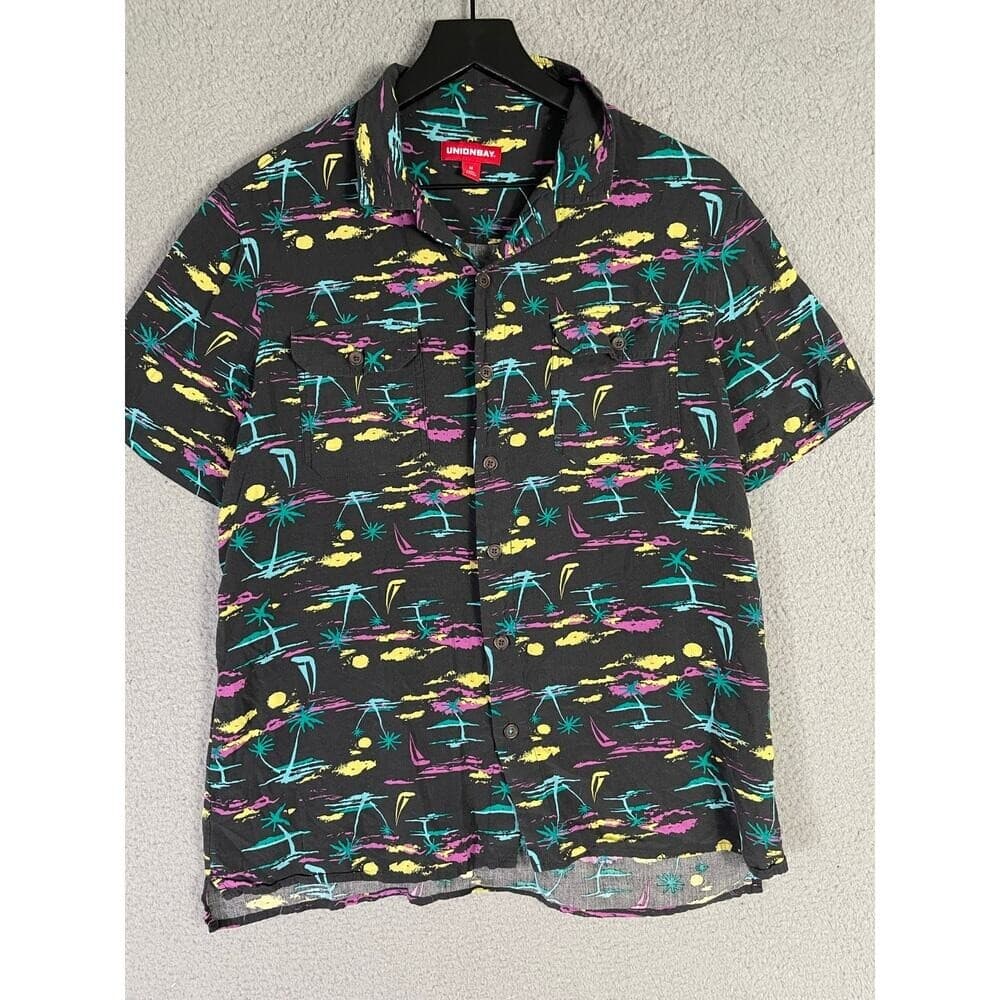 Unionbay Tropical Print Short Sleeve Button Shirt Black Rayon Men's Medium - Thumbnail 4