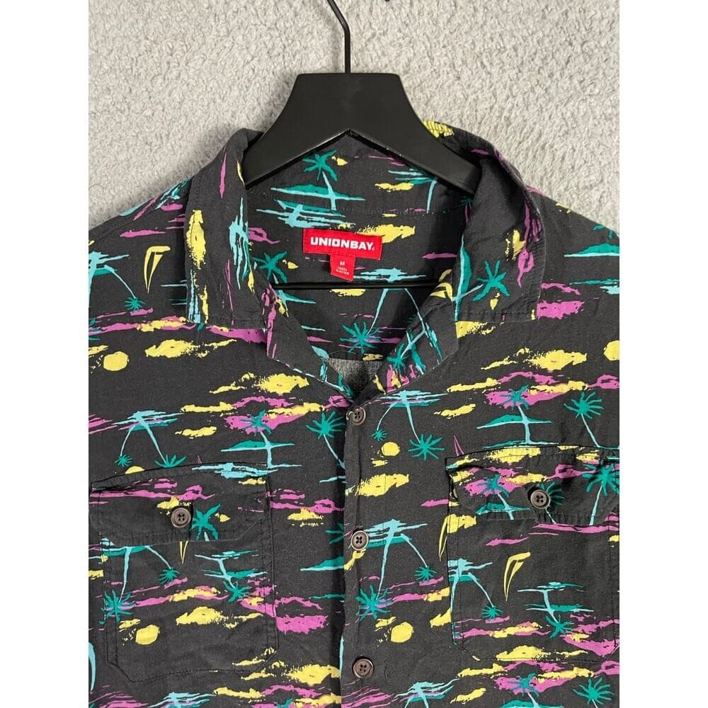 Unionbay Tropical Print Short Sleeve Button Shirt Black Rayon Men's Medium - Thumbnail 7