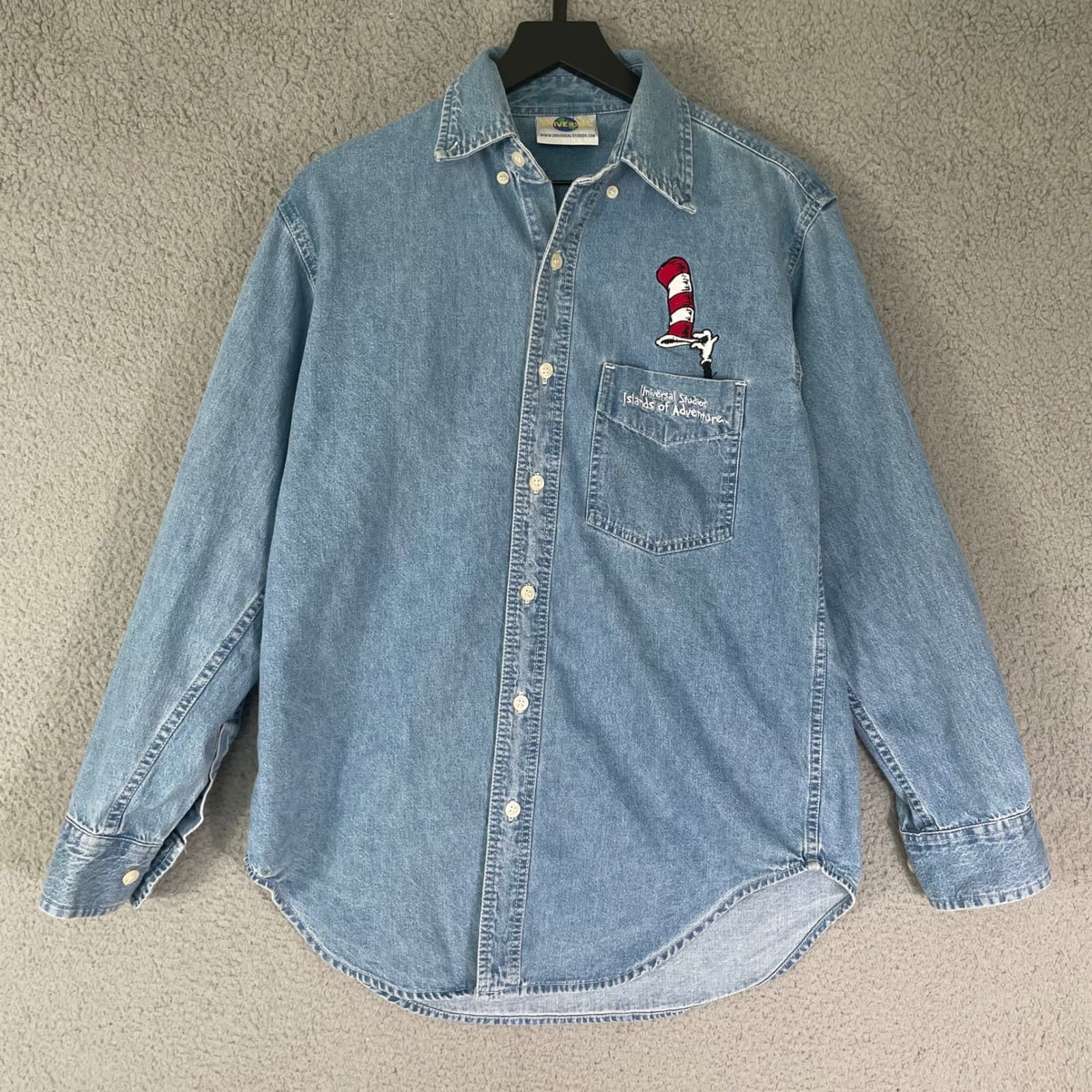 Cat In The Hat Denim Shirt Universal Studios Dr Seuss Button Down Mens Small - Thumbnail 5