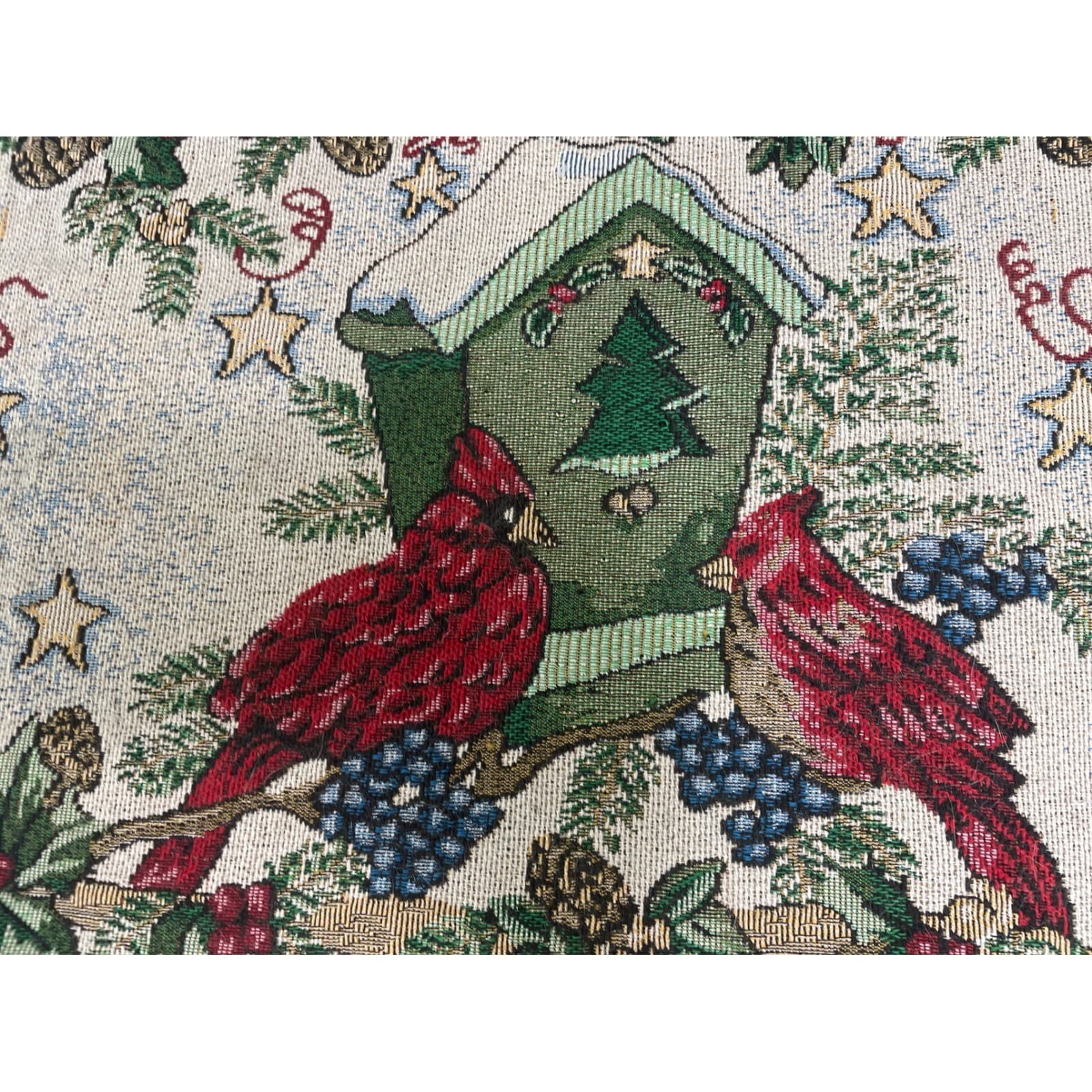 Christmas Cardinal Table Runner Vintage Birdhouse Holly Red Birds Festive Decor - Thumbnail 3