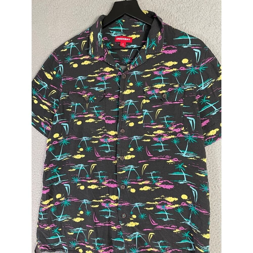 Unionbay Tropical Print Short Sleeve Button Shirt Black Rayon Men's Medium - Thumbnail 6
