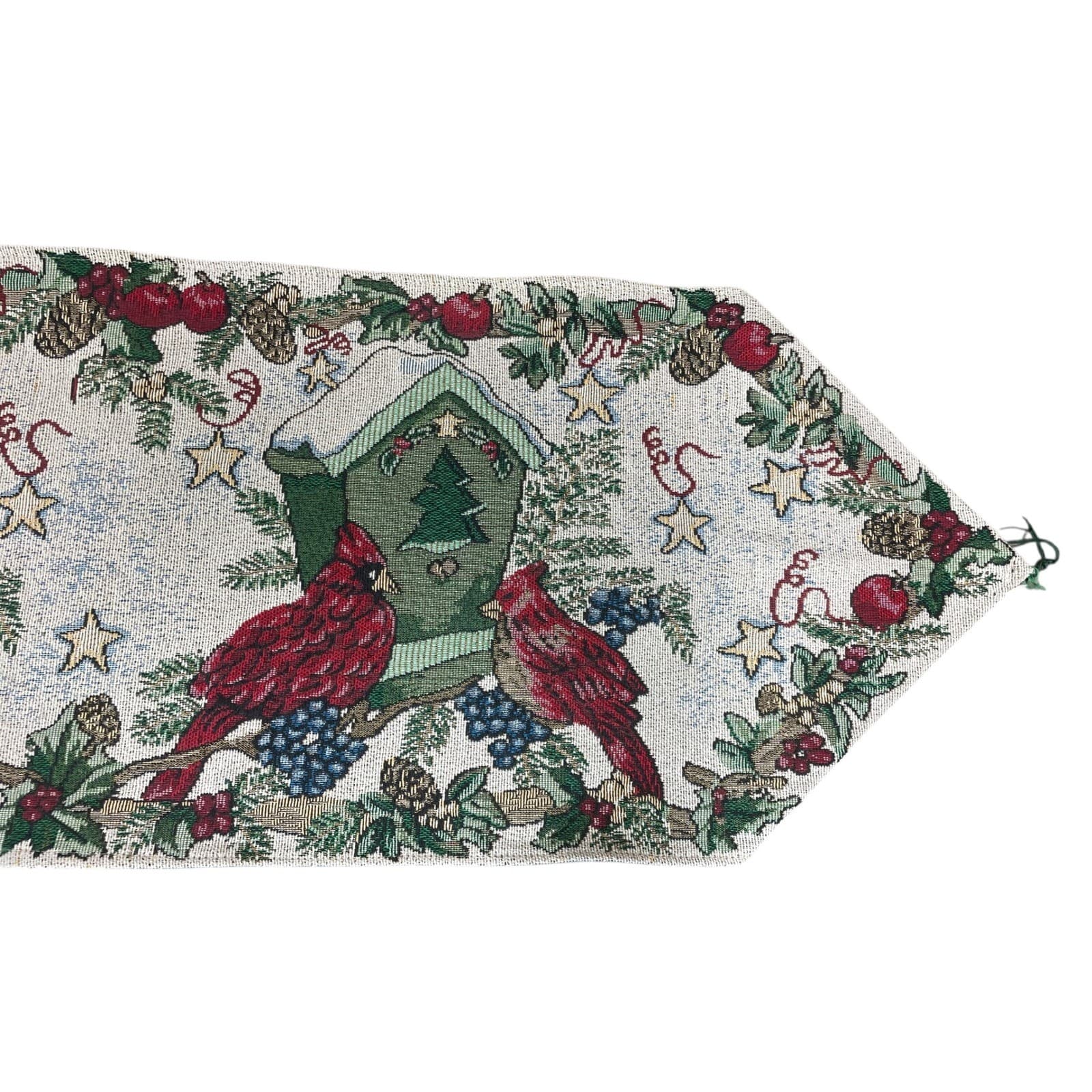 Christmas Cardinal Table Runner Vintage Birdhouse Holly Red Birds Festive Decor - Thumbnail 6