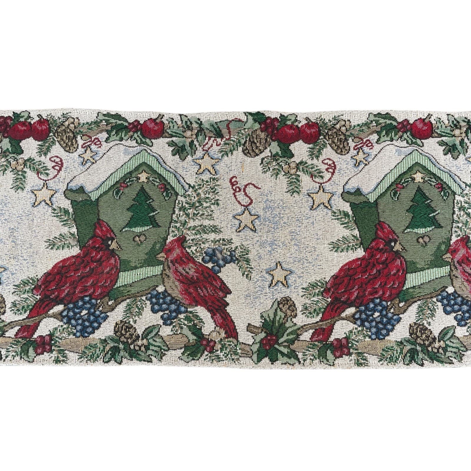 Christmas Cardinal Table Runner Vintage Birdhouse Holly Red Birds Festive Decor - Thumbnail 5