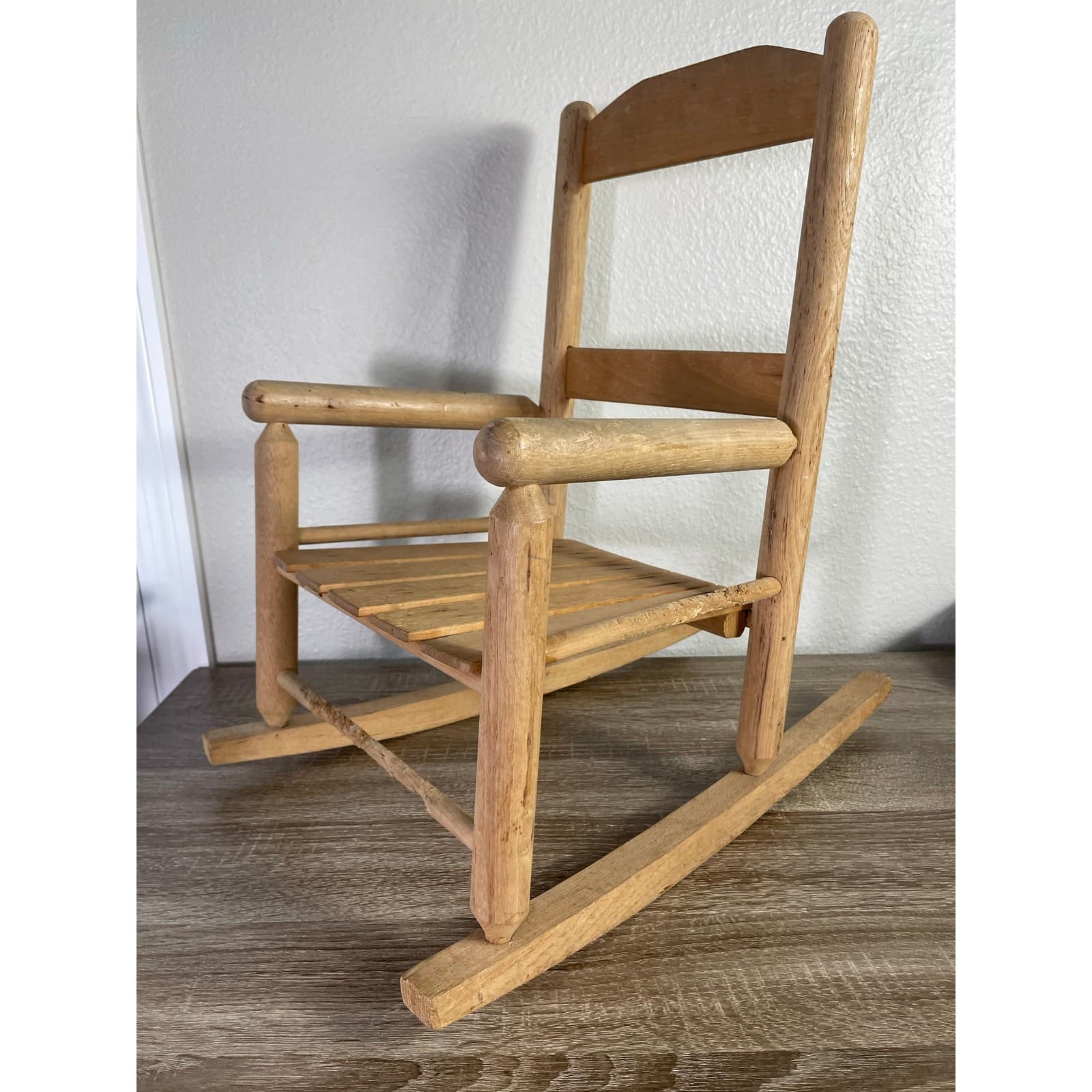 Vintage Handmade Wooden Rocking Chair Slat Back Rustic Kids Doll Furniture - Thumbnail 3