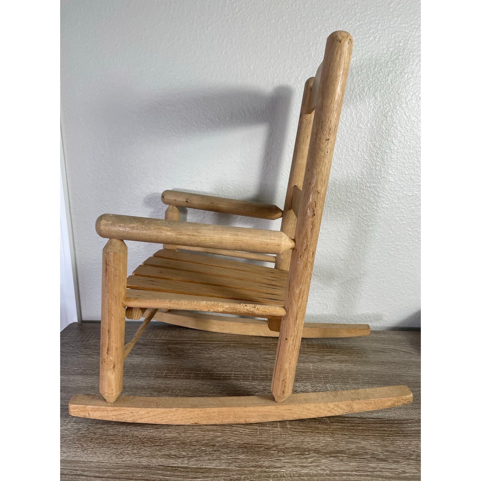 Vintage Handmade Wooden Rocking Chair Slat Back Rustic Kids Doll Furniture - Thumbnail 4