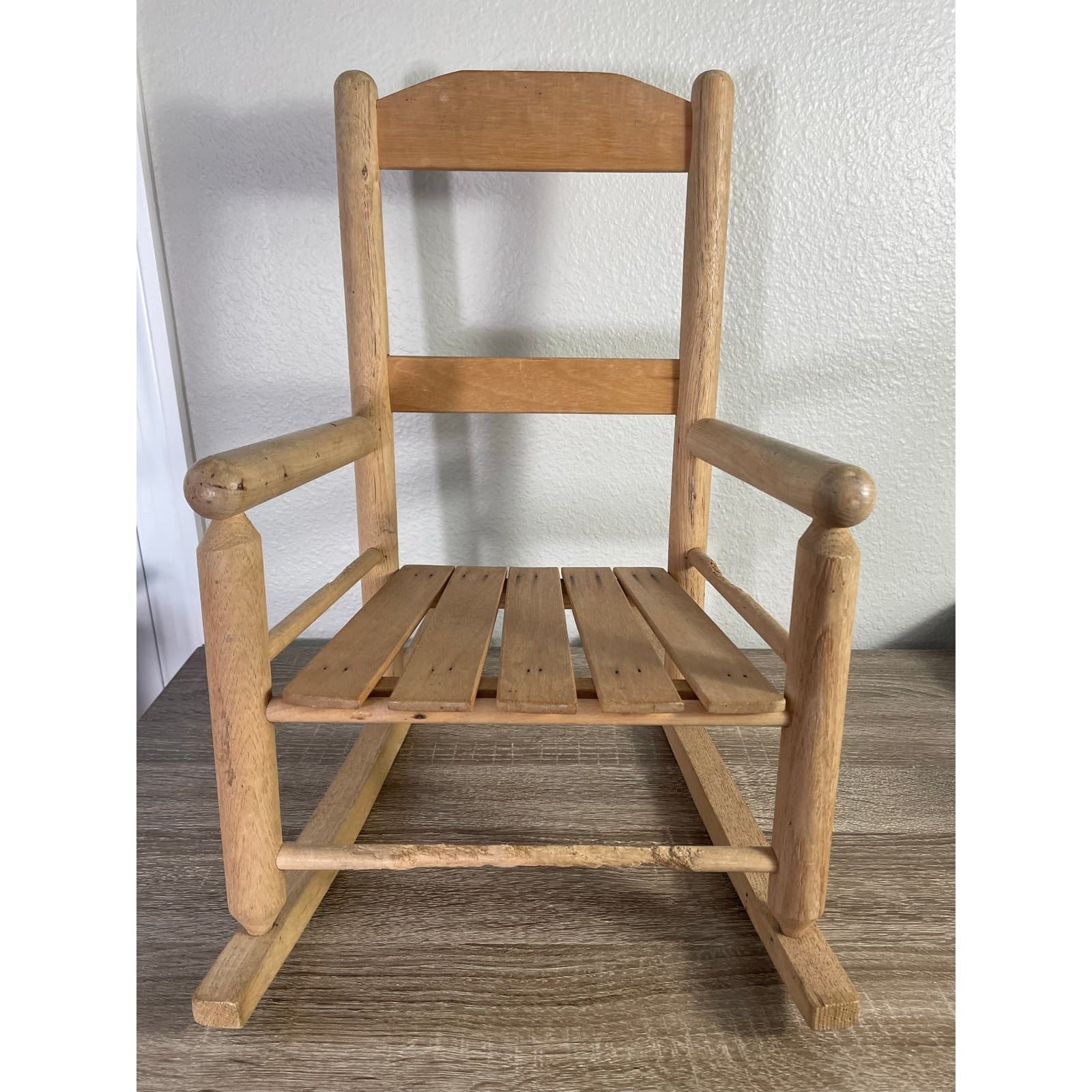 Vintage Handmade Wooden Rocking Chair Slat Back Rustic Kids Doll Furniture - Thumbnail 2