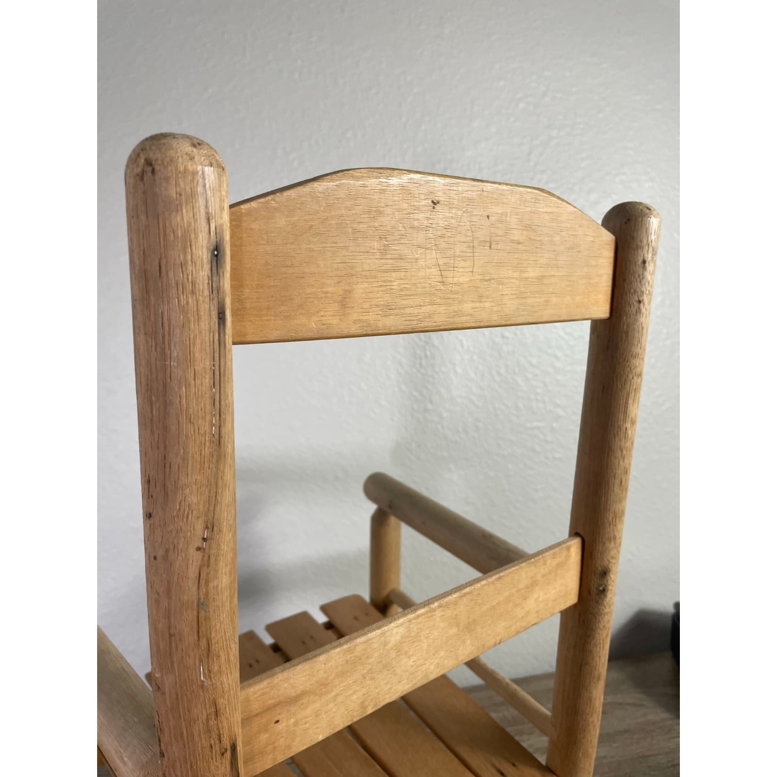 Vintage Handmade Wooden Rocking Chair Slat Back Rustic Kids Doll Furniture - Thumbnail 7