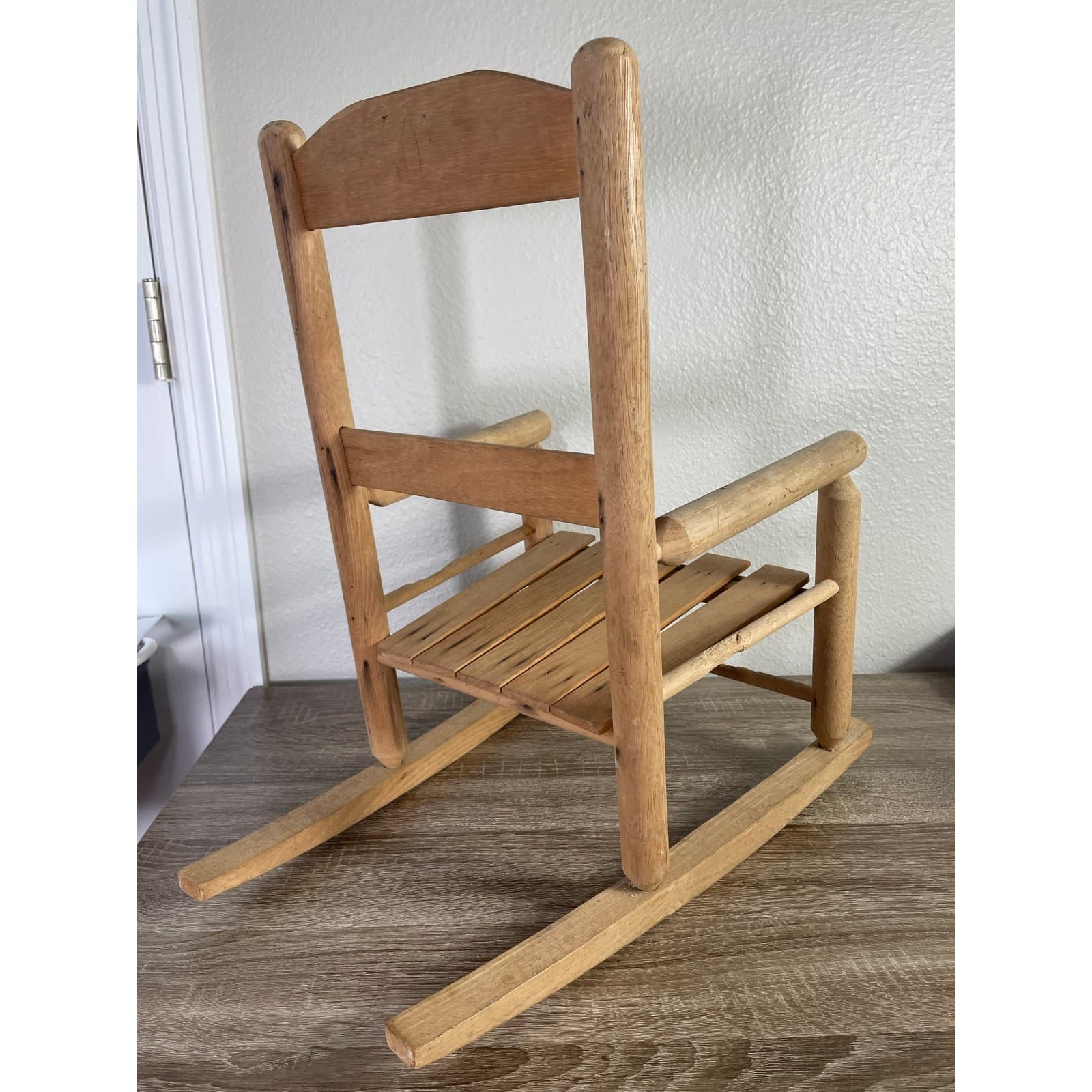Vintage Handmade Wooden Rocking Chair Slat Back Rustic Kids Doll Furniture - Thumbnail 6