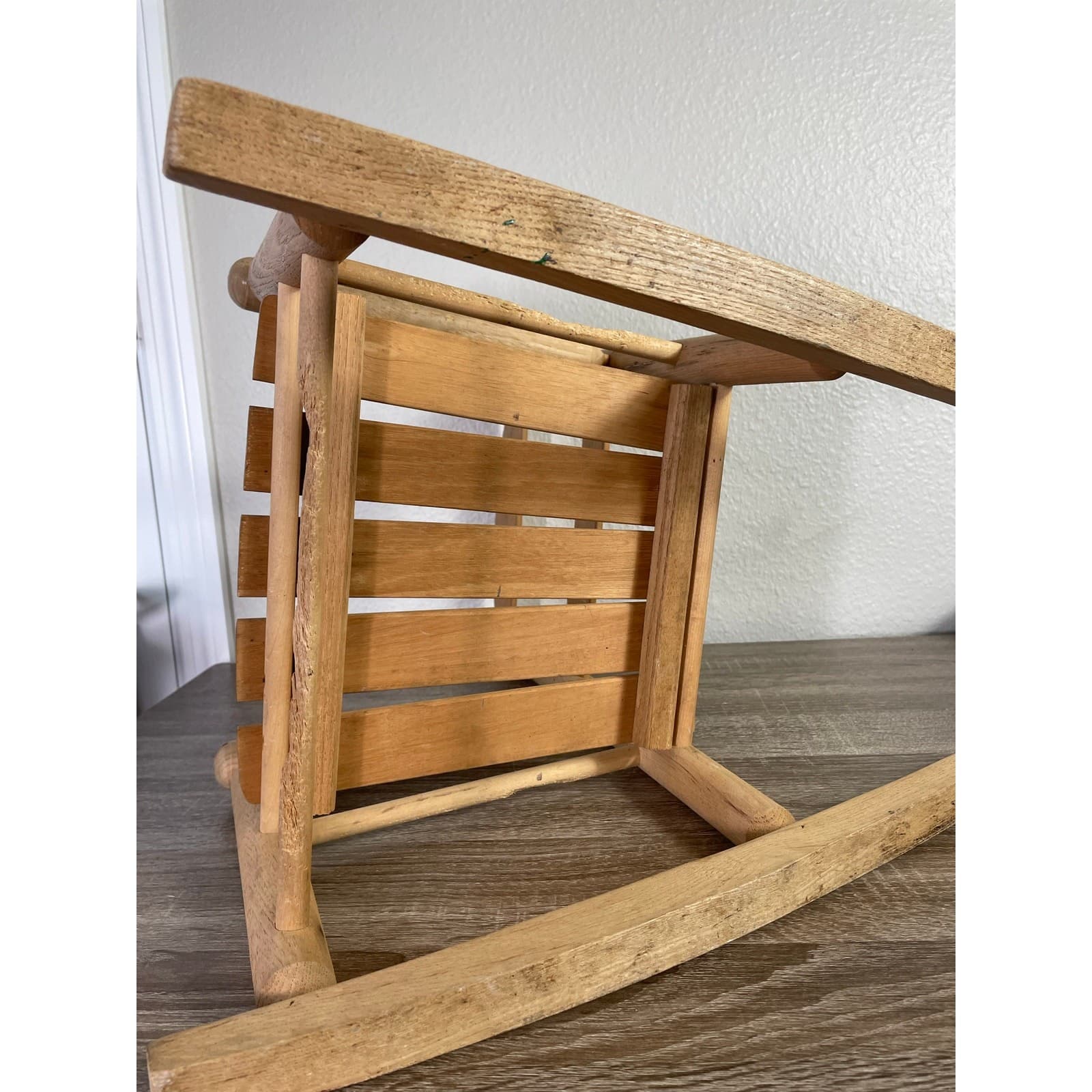Vintage Handmade Wooden Rocking Chair Slat Back Rustic Kids Doll Furniture - Thumbnail 10