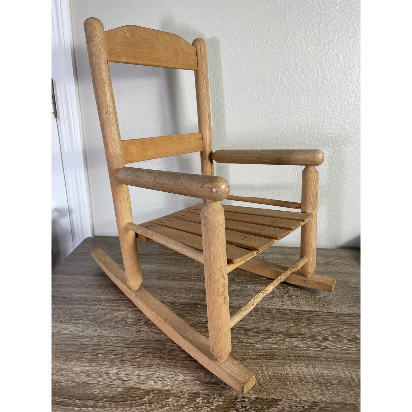 Vintage Handmade Wooden Rocking Chair Slat Back Rustic Kids Doll Furniture - Thumbnail 5