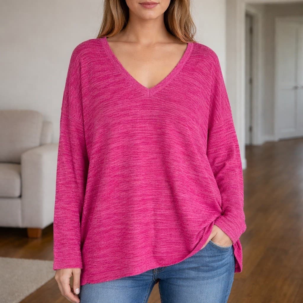 Terra Sky Pink Heather Thermal Rib V Neck Sweater Top Womens 1X Plus