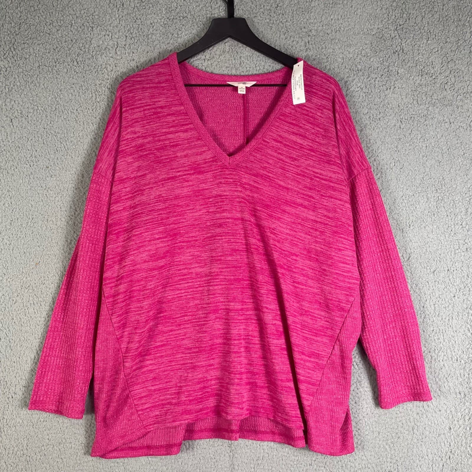 Terra Sky Pink Heather Thermal Rib V Neck Sweater Top Womens 1X Plus - Thumbnail 7