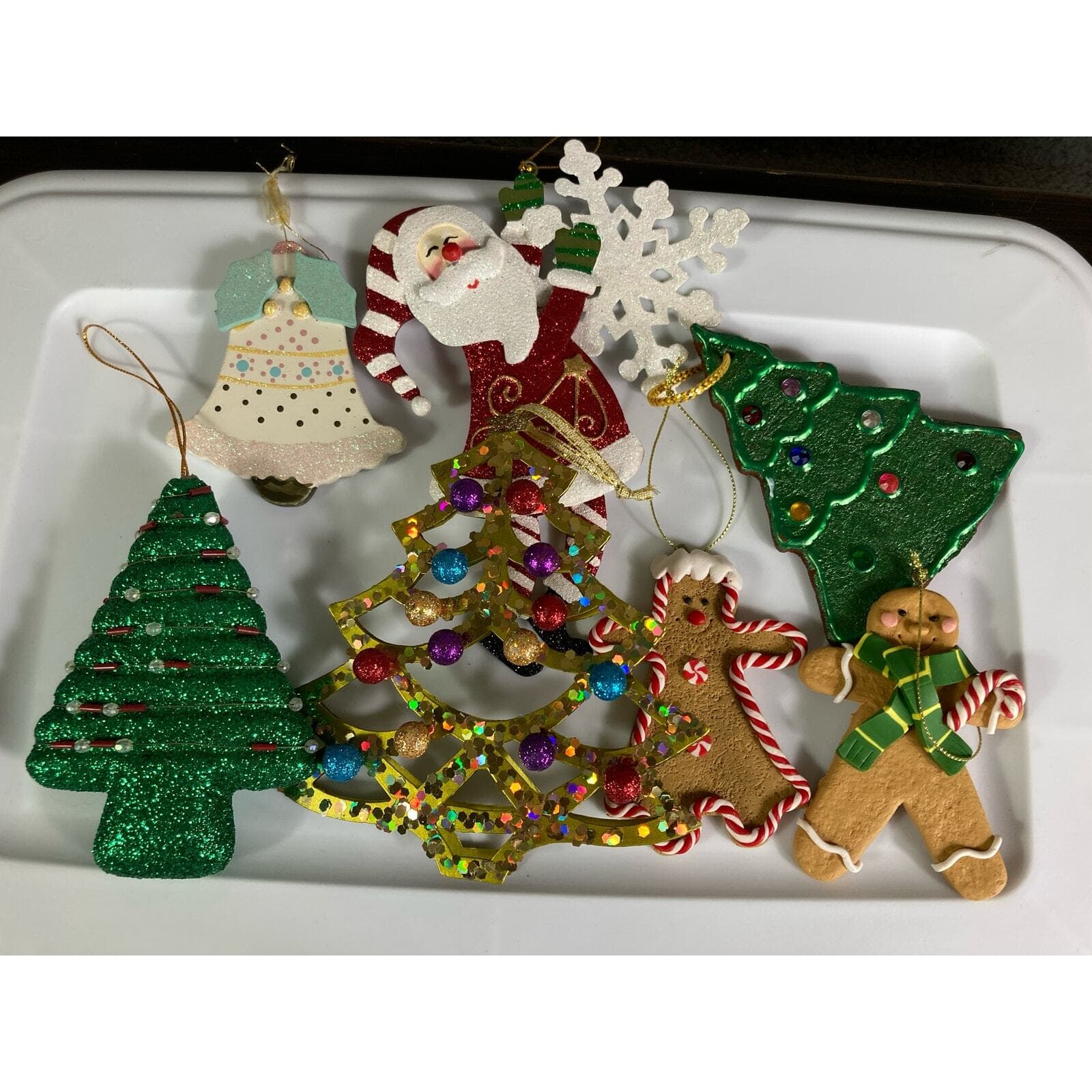 Christmas Ornament Vintage Lot Set of 7 Trees Gingerbread Man Snowflake Santa - Thumbnail 2