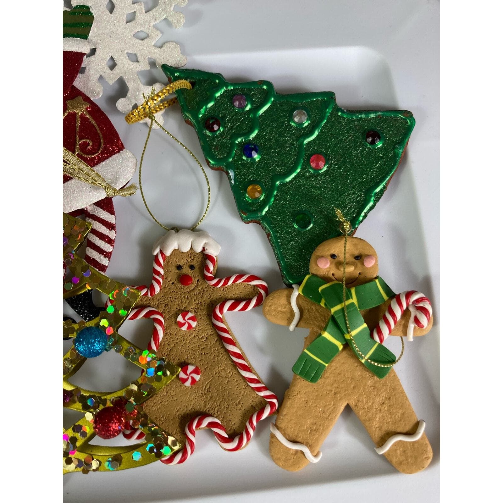 Christmas Ornament Vintage Lot Set of 7 Trees Gingerbread Man Snowflake Santa - Thumbnail 5