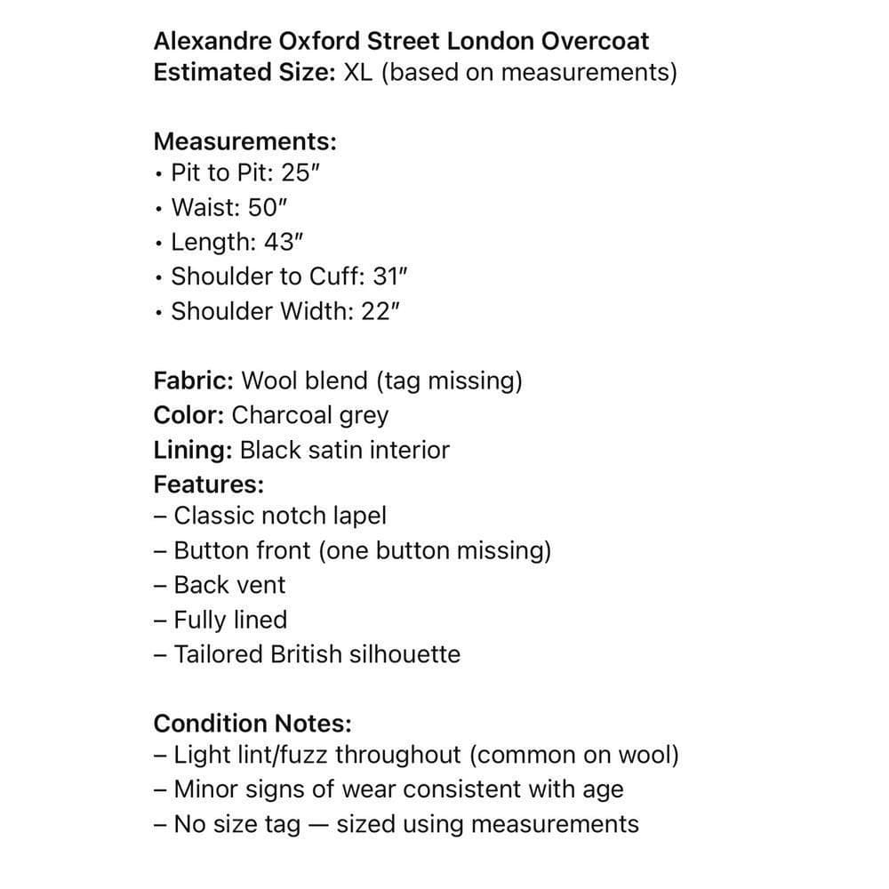 Alexandre Oxford Street London Charcoal Grey Wool Blend Overcoat XL Notch Lapel - Thumbnail 3