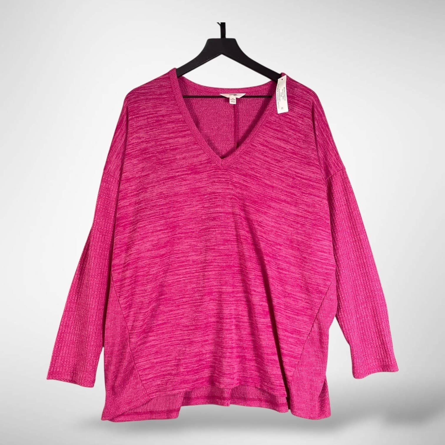Terra Sky Pink Heather Thermal Rib V Neck Sweater Top Womens 1X Plus - Thumbnail 2