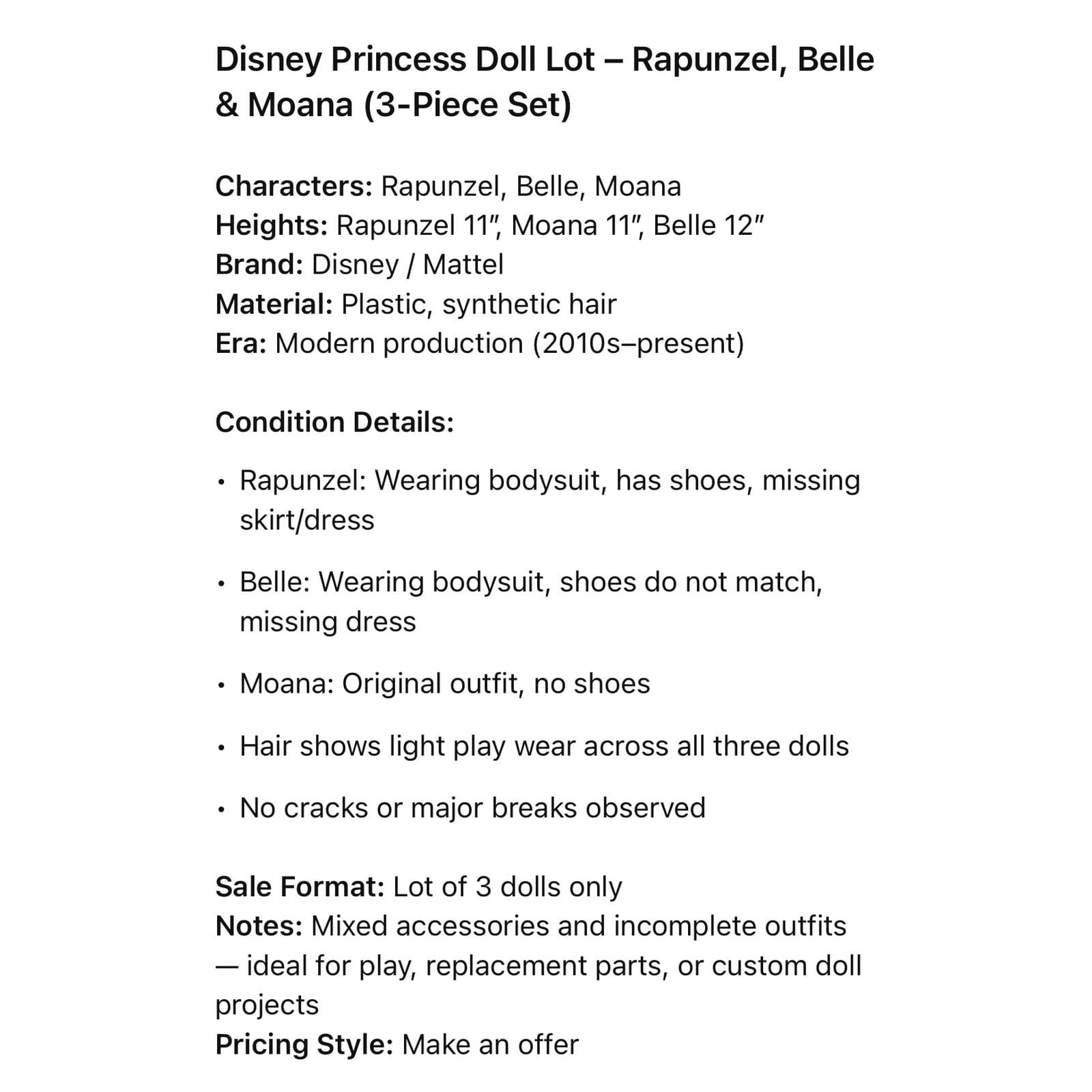 Disney Princess Doll Lot Rapunzel Belle Moana 3 Piece Set 11-12 Inch Dolls - Thumbnail 2