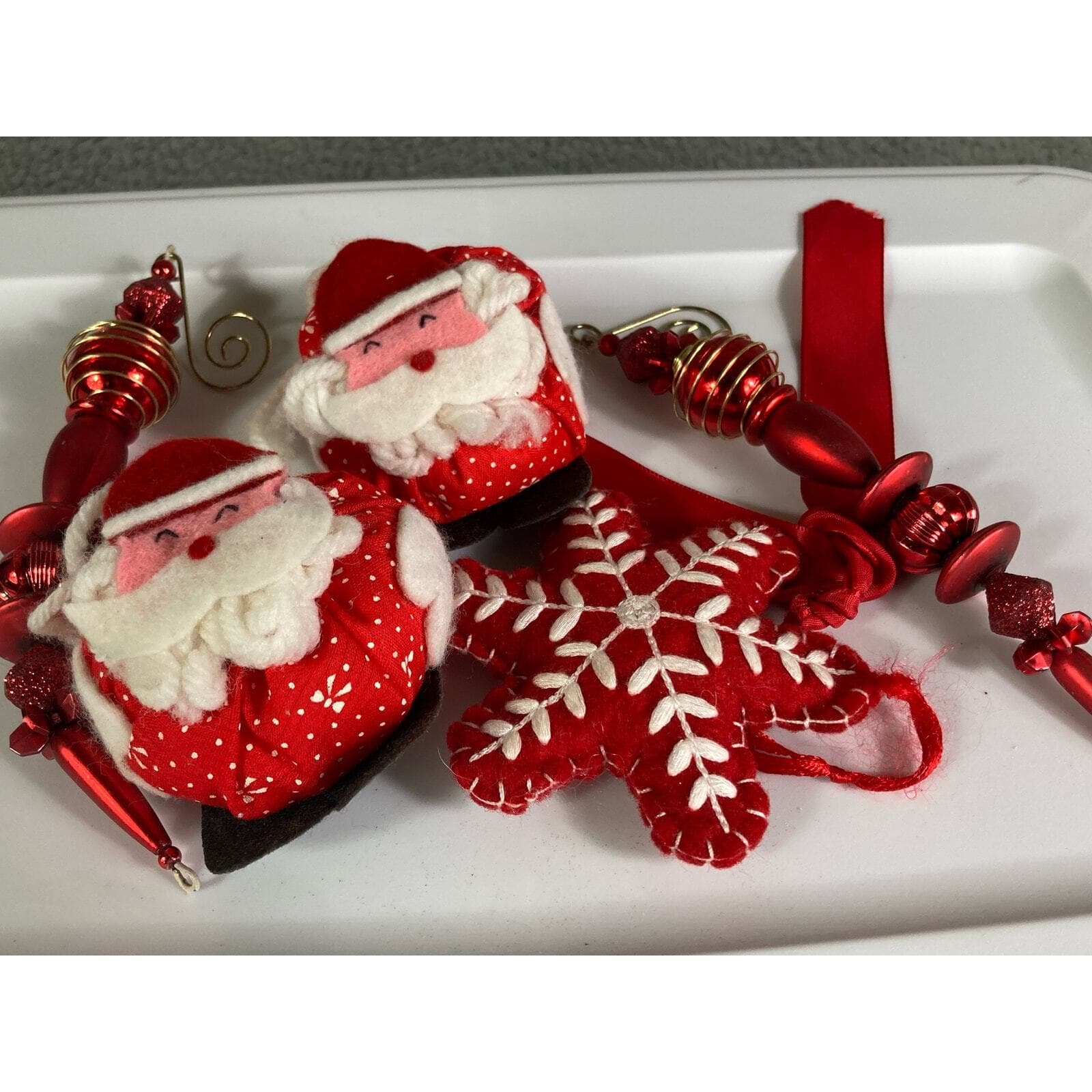 Christmas Ornament Vintage Lot Set of 5 Trees Santa Snowflake Hanging Ornaments - Thumbnail 2