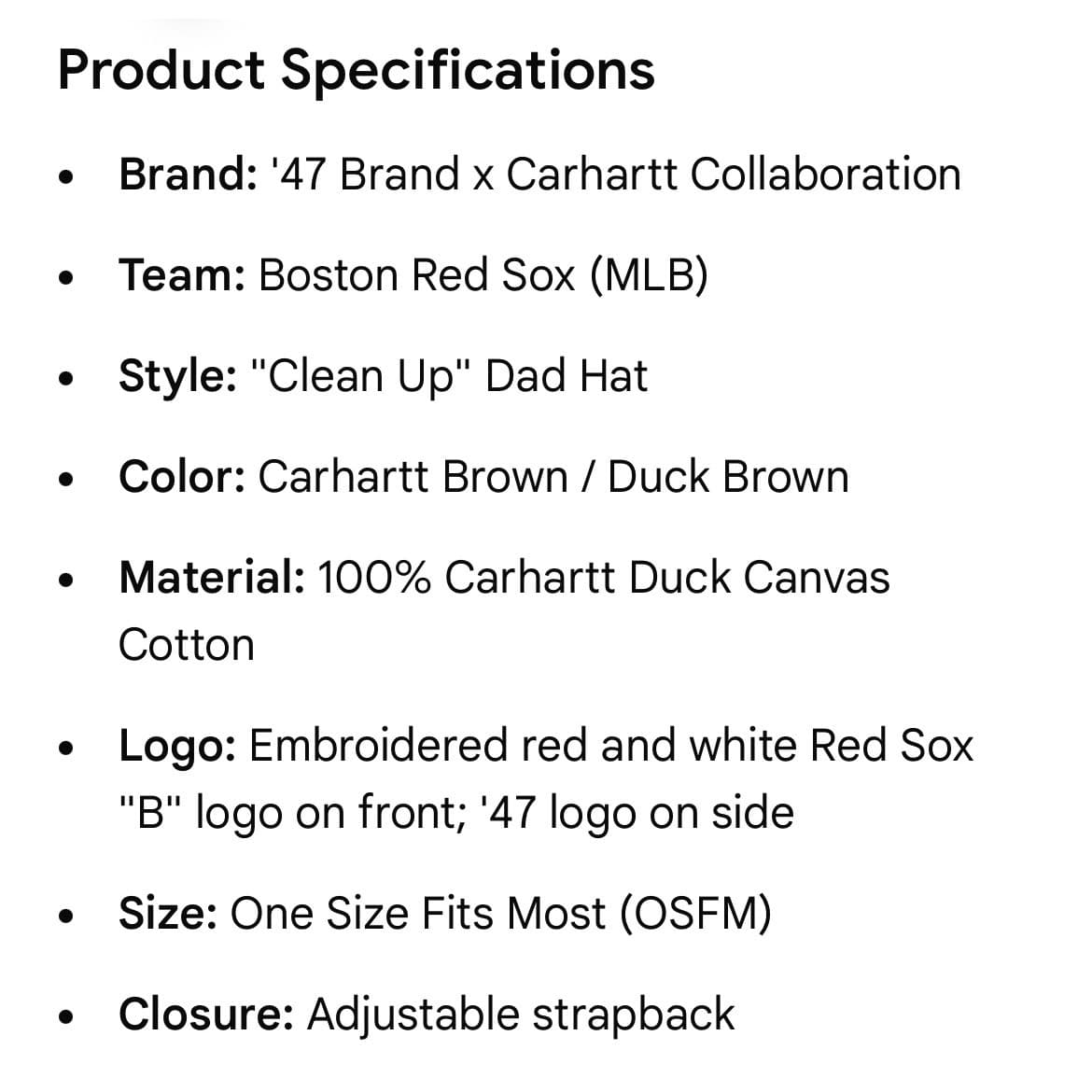 Carhartt x 47 Boston Red Sox Clean Up Hat Brown Duck Canvas MLB Cap Adjustable - Thumbnail 2