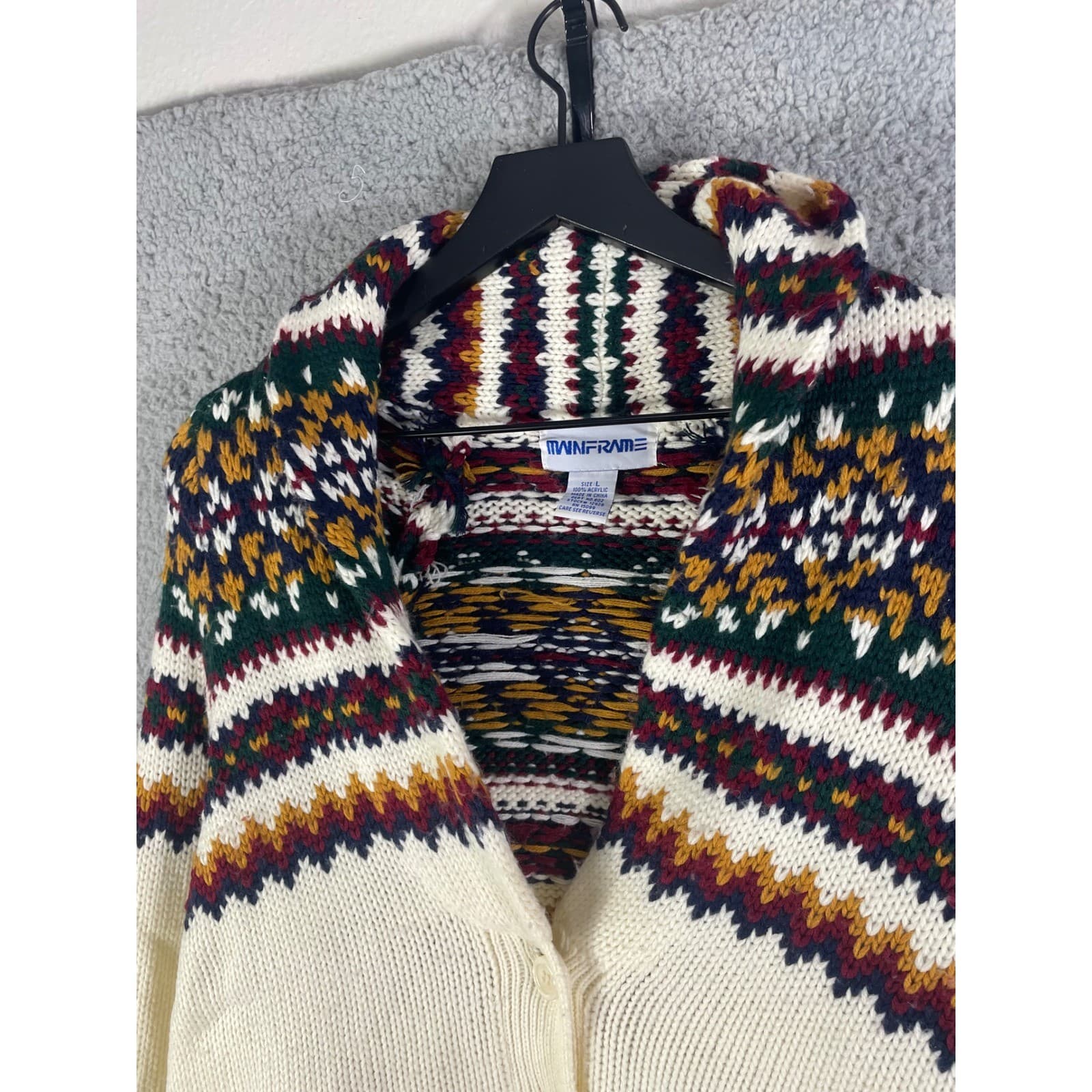 Mainframe Vintage Fair Isle Shawl Collar Cardigan Sweater Cream Multi Size L - Thumbnail 8