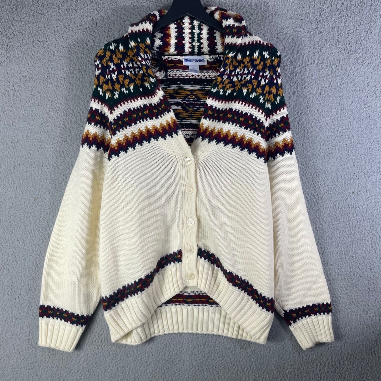 Mainframe Vintage Fair Isle Shawl Collar Cardigan Sweater Cream Multi Size L - Thumbnail 4