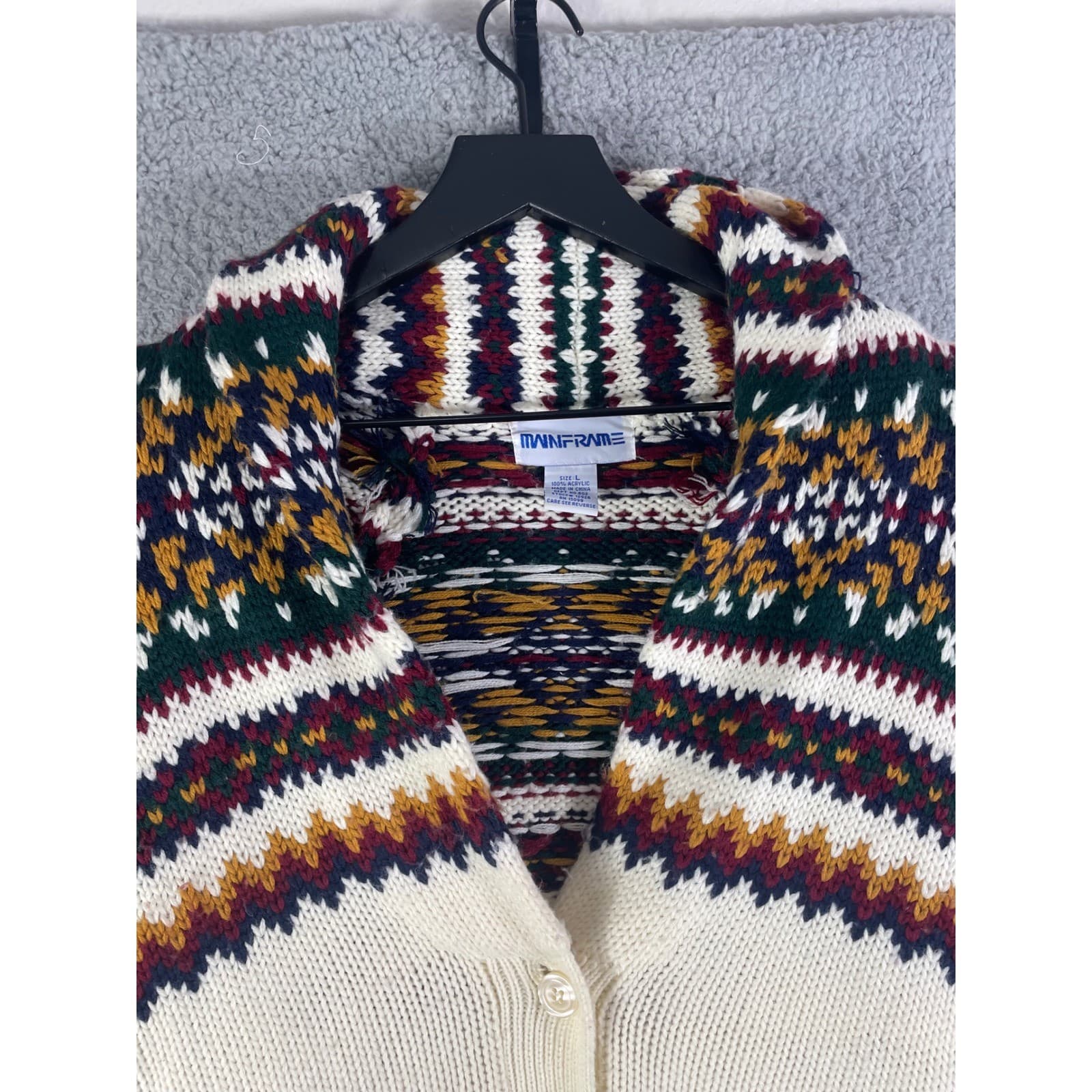 Mainframe Vintage Fair Isle Shawl Collar Cardigan Sweater Cream Multi Size L - Thumbnail 7